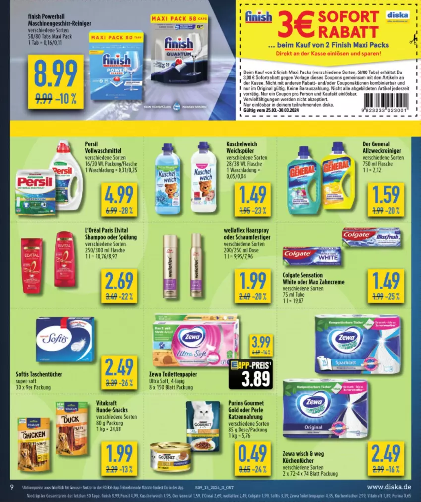 Aktueller Prospekt Diska - von 25.03 bis 30.03.2024 - strona 9 - produkty: allzweckreiniger, colgate, coupon, coupons, creme, deka, elle, elvital, erde, Finish, flasche, gin, haarspray, katzennahrung, kraft, küche, Küchen, küchentücher, Kuschelweich, LG, papier, persil, purina, reiniger, shampoo, shampoo oder spülung, snack, snacks, sofortrabatt, spülung, Tasche, taschen, taschentücher, Ti, toilettenpapier, tücher, vita, vitakraft, waschmittel, weck, weichspüler, Wella, wellaflex, zahncreme