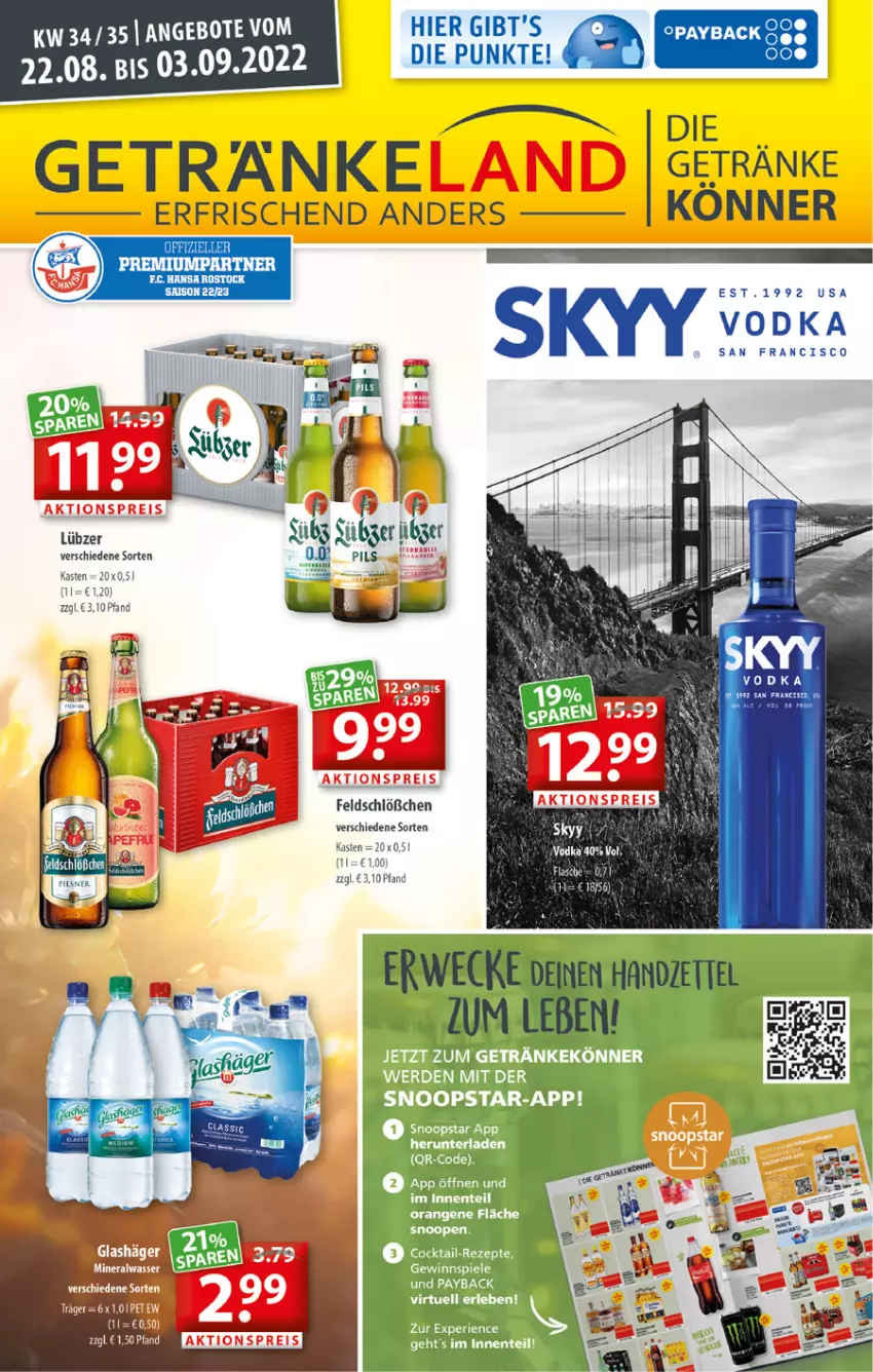 Aktueller Prospekt Getraenkeland - von 22.08 bis 03.09.2022 - strona 1 - produkty: aktionspreis, Alwa, cocktail, eis, Elan, LG, Lübzer, mineralwasser, pils, reis, rezept, rwe, Ti, vodka, wasser, weck, Yo