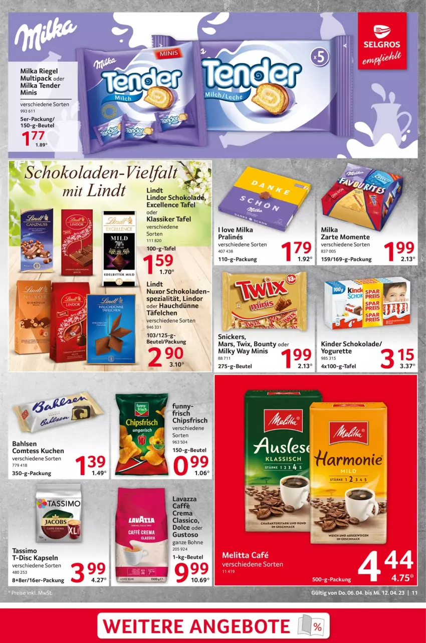 Aktueller Prospekt Selgros - Food - von 06.04 bis 12.04.2023 - strona 11 - produkty: angebot, angebote, bahlsen, beutel, bohne, bounty, caffe, chips, chipsfrisch, classico, comtess, comtess kuchen, eis, elle, ente, Kinder, kinder schokolade, kuchen, lavazza, LG, lindor, lindt, mac, mars, milka, milky way, reis, riegel, schoko, schokolade, schokoladen, sim, snickers, Spezi, tassimo, tender, Ti, twix, Yo, yogurette