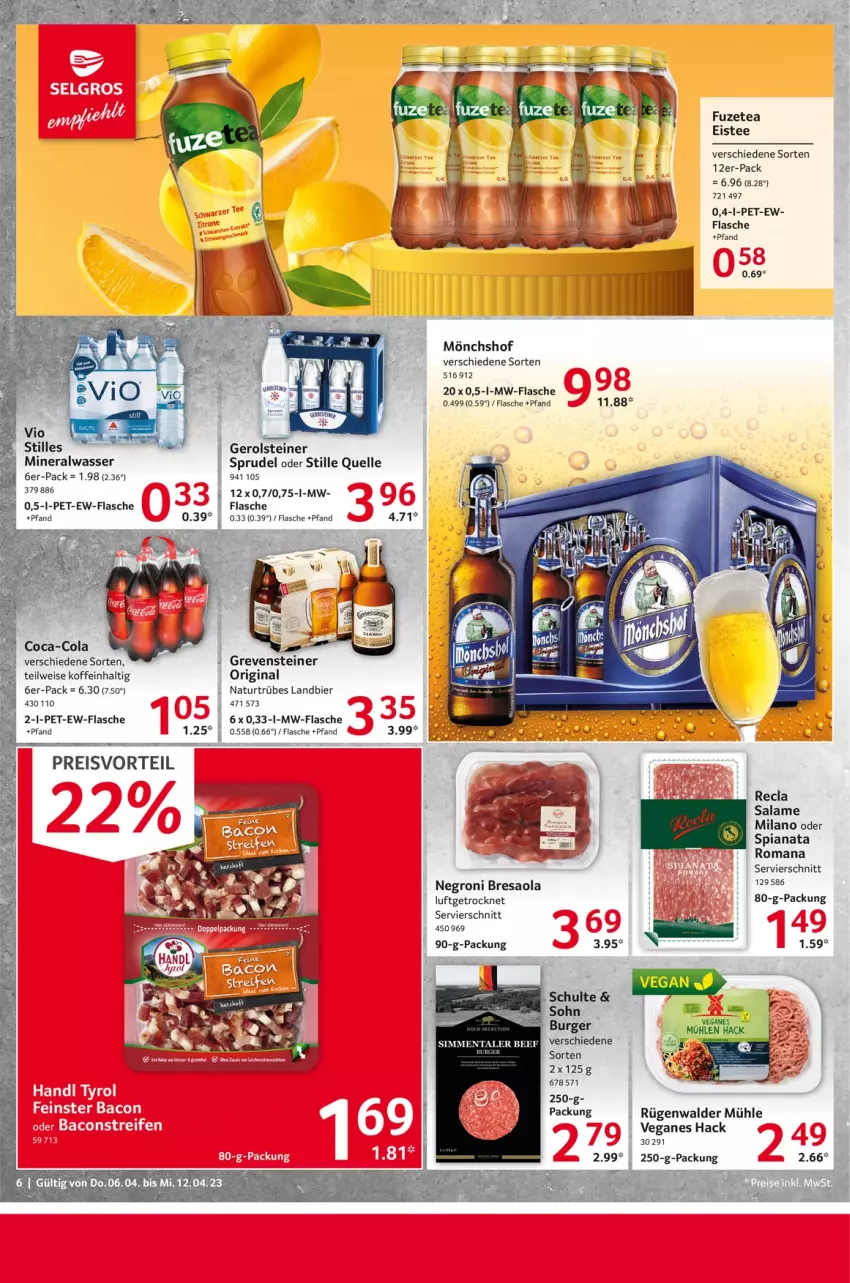 Aktueller Prospekt Selgros - Food - von 06.04 bis 12.04.2023 - strona 6 - produkty: Alwa, bier, Bresaola, burger, coca-cola, cola, eis, eistee, elle, flasche, fuzetea, gerolsteine, gerolsteiner, gin, grevensteiner, mineralwasser, mönchshof, mw-flasche, natur, preisvorteil, reifen, reis, resa, rügenwalder, rügenwalder mühle, Sprudel, steiner, tee, Ti, wasser