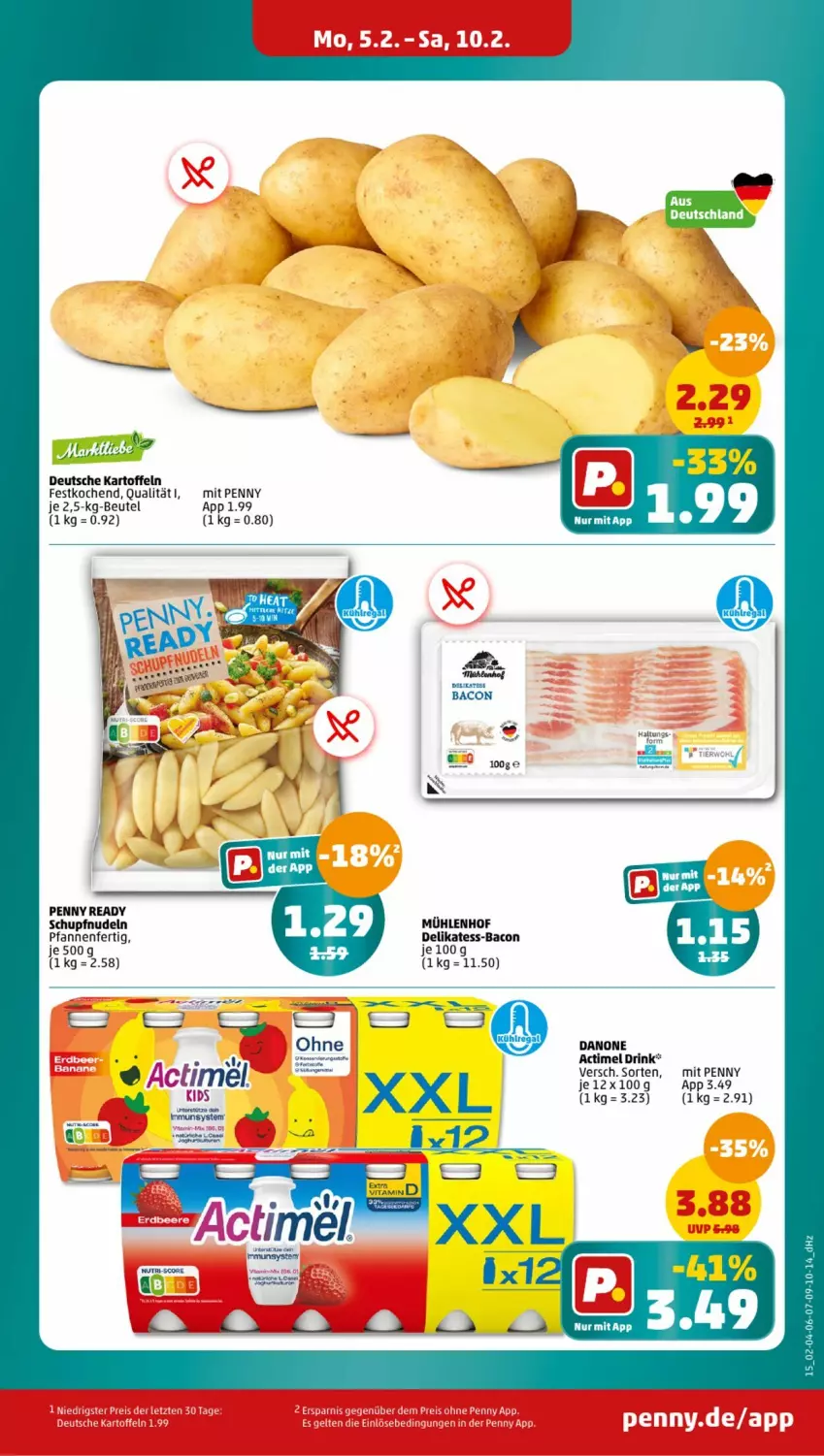 Aktueller Prospekt Penny - Prospekte - von 05.02 bis 10.02.2024 - strona 15 - produkty: actimel, actimel drink, bacon, beutel, danone, drink, eis, kartoffel, kartoffeln, nudel, nudeln, pfanne, pfannen, reis, Ti