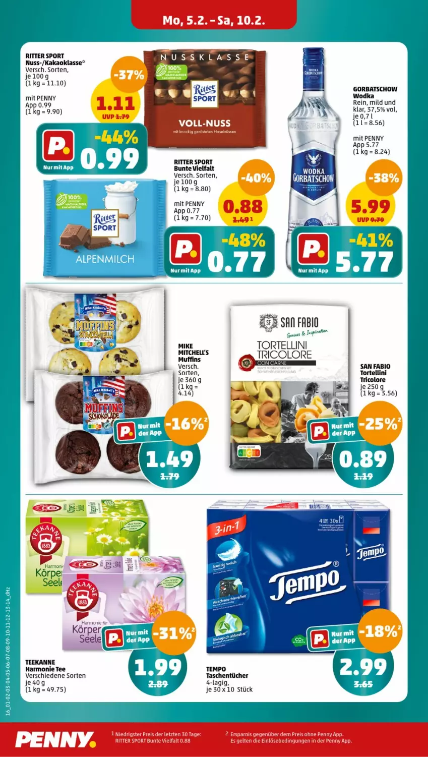 Aktueller Prospekt Penny - Prospekte - von 05.02 bis 10.02.2024 - strona 16 - produkty: bio, Gorbatschow, gorbatschow wodka, kakao, Muffin, muffins, nuss, ritter, ritter sport, Sport, Tasche, taschen, taschentücher, tee, teekanne, torte, tortellini, tricolore, tücher, wodka