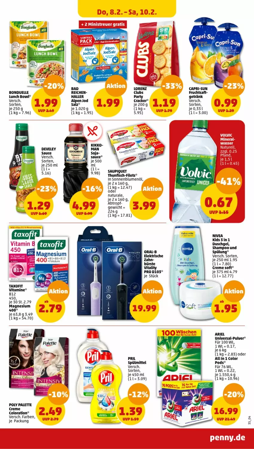 Aktueller Prospekt Penny - Prospekte - von 05.02 bis 10.02.2024 - strona 35 - produkty: ariel, Bad, blume, blumen, blumenöl, bonduelle, bürste, Cap, capri-sun, cracker, creme, develey, duschgel, elle, filet, filets, fisch, frucht, fruchtsaft, getränk, lorenz, magnesium, magnesium 400, natur, natura, oral-b, Palette, Pods, pril, saft, salz, sauce, saupiquet, shampoo, sonnenblume, sonnenblumen, sonnenblumenöl, spülmittel, spülung, Taxofit, thunfisch, Ti, vita, vitality, Vitamine