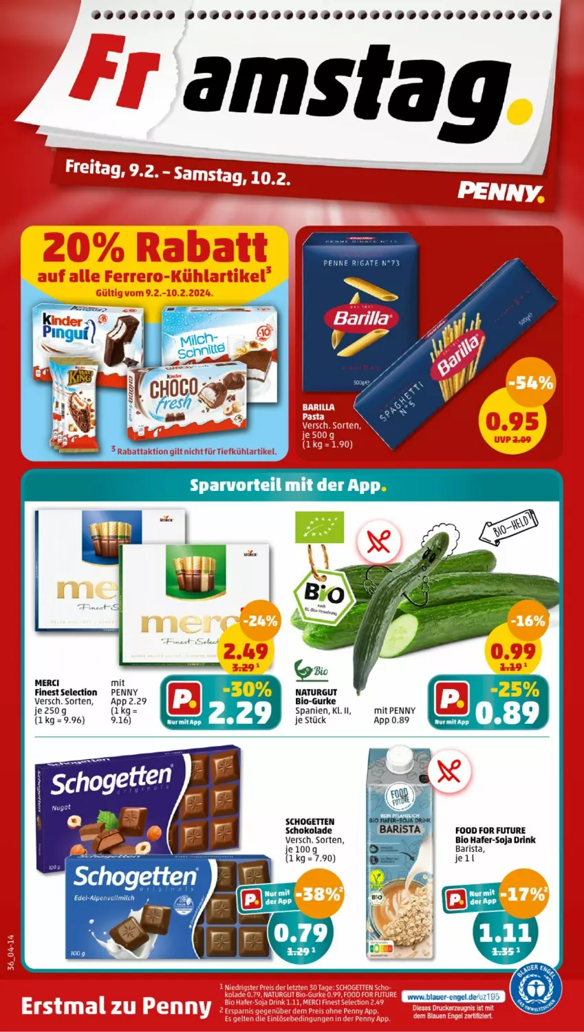 Aktueller Prospekt Penny - Prospekte - von 05.02 bis 10.02.2024 - strona 36 - produkty: bio, drink, gurke, hafer, merci, natur, penne, penne rigate, schogetten, schoko, schokolade, soja, Ti