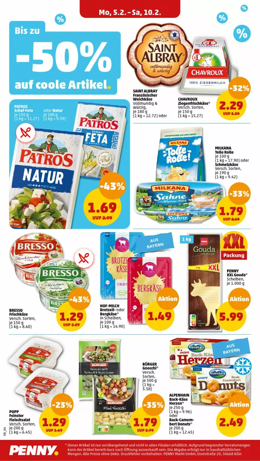 Aktueller Prospekt Penny - Prospekte - von 05.02 bis 10.02.2024 - strona 8 - produkty: albray, Alpenhain, basilikum, Bergkäse, bresso, brot, chavroux, Donut, donuts, eis, feta, fleisch, fleischsalat, frischkäse, gin, gouda, Käse, LG, milch, milka, milkana, natur, salat, Schmelzkäse, spinat, Ti, weichkäse, ziegenfrischkäse