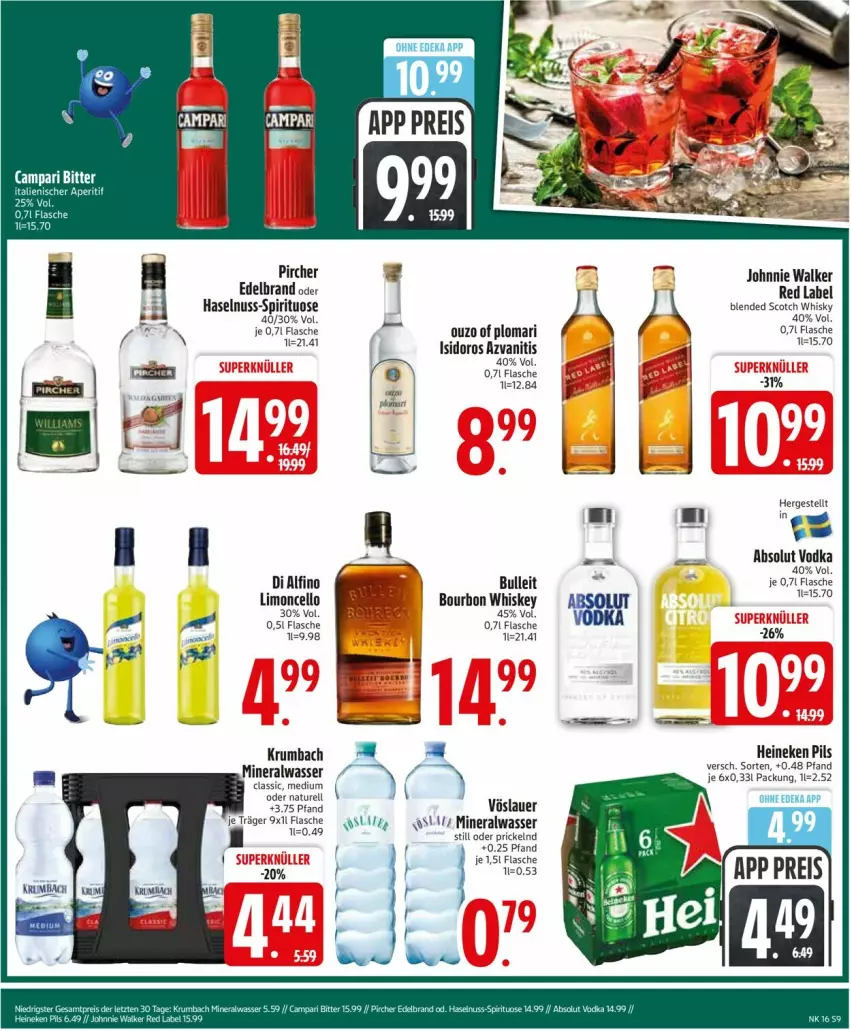 Aktueller Prospekt Edeka - Prospekte - von 13.04 bis 18.04.2026 - strona 11 - produkty: Absolut Vodka, Alwa, auer, blended scotch, blended scotch whisky, bourbon, bourbon whiskey, deka, eis, flasche, haselnuss, heineken, johnnie walker, krumbach, limo, mineralwasser, Mineralwasser Classic, Mineralwasser Still, natur, nuss, ouzo, pils, pircher, reis, rel, rum, scotch, scotch whisky, Ti, vodka, vöslauer, wasser, whiskey, whisky