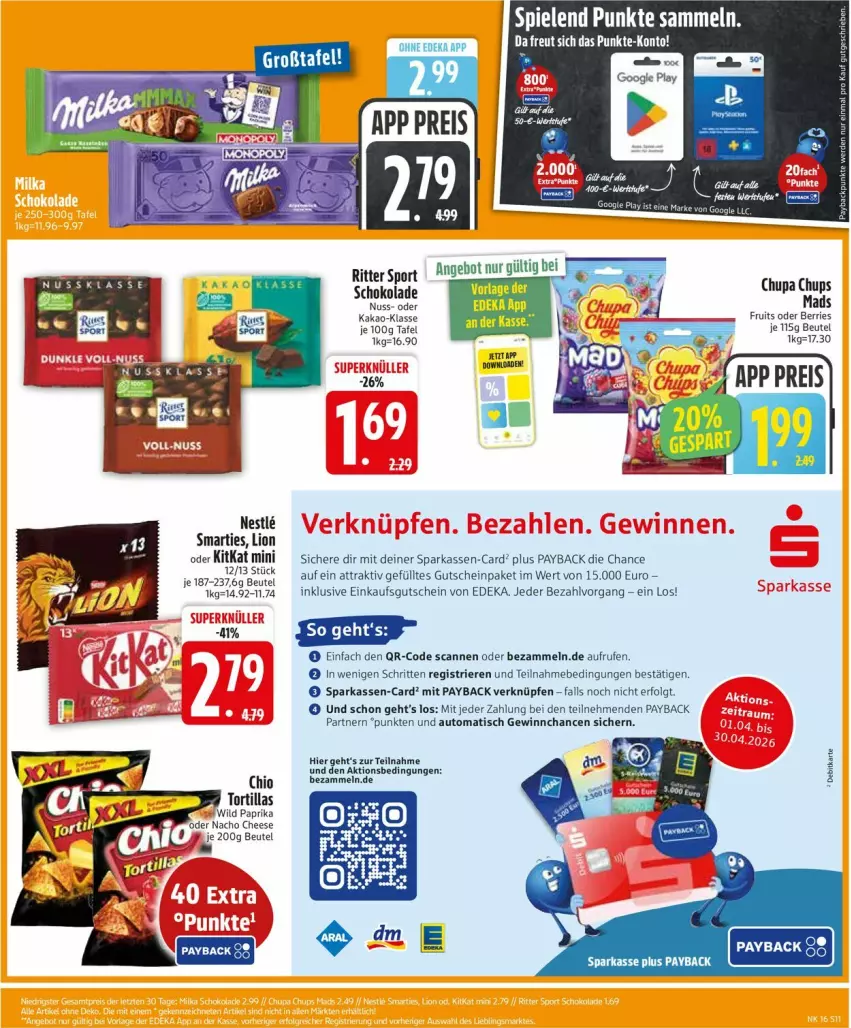 Aktueller Prospekt Edeka - Prospekte - von 13.04 bis 18.04.2026 - strona 13 - produkty: auto, beutel, chupa, chupa chups, deka, google play, gutschein, kakao, kitkat, LG, lion, nacho, nacho cheese, nuss, paprika, Parka, payback, ritter, ritter sport, schoko, schokolade, smarties, Spiele, Sport, Ti, tisch, Wild, wild paprika