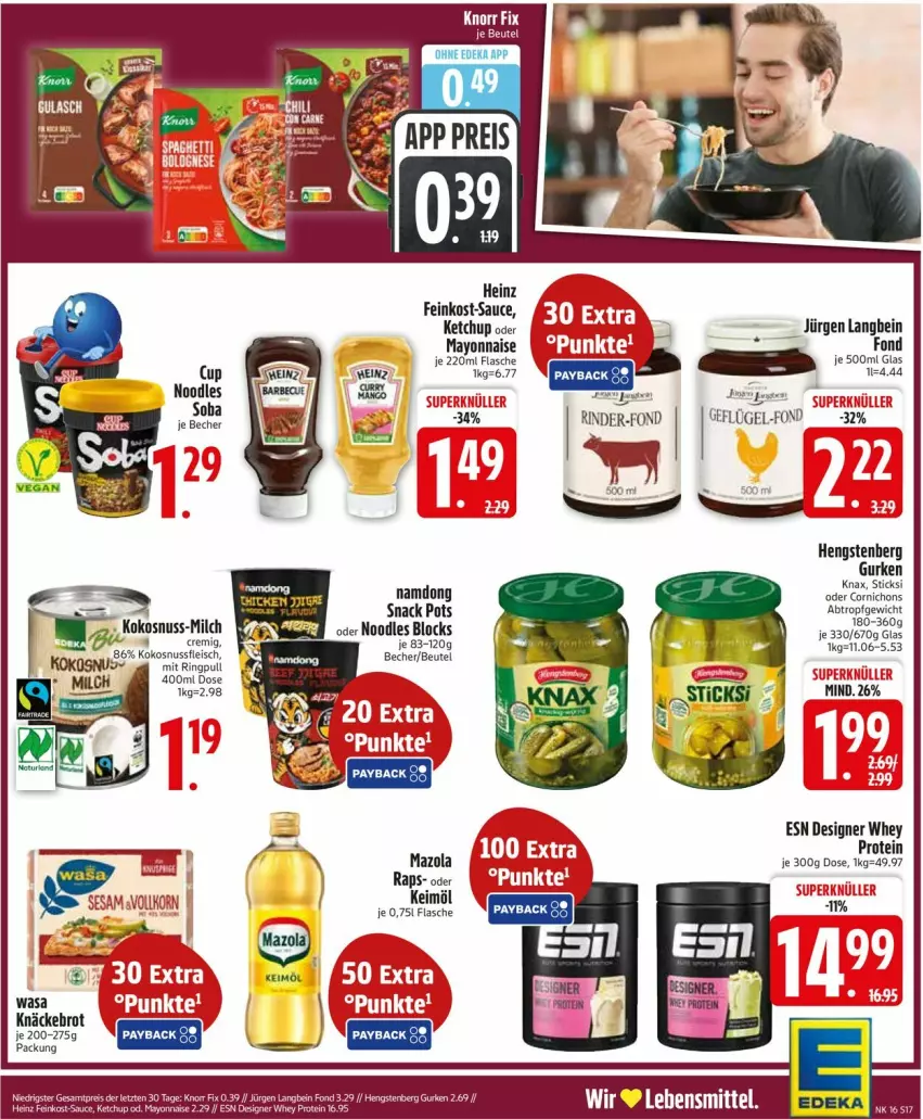 Aktueller Prospekt Edeka - Prospekte - von 13.04 bis 18.04.2026 - strona 19 - produkty: Becher, beutel, brot, deka, eis, feinkost, flasche, fleisch, gurke, gurken, heinz, hengstenberg, Hengstenberg Gurken, keimöl, ketchup, knäckebrot, kokos, kokosnuss, lebensmittel, mazola, milch, nuss, reis, rind, rinder, ring, sauce, snack, Ti, wasa