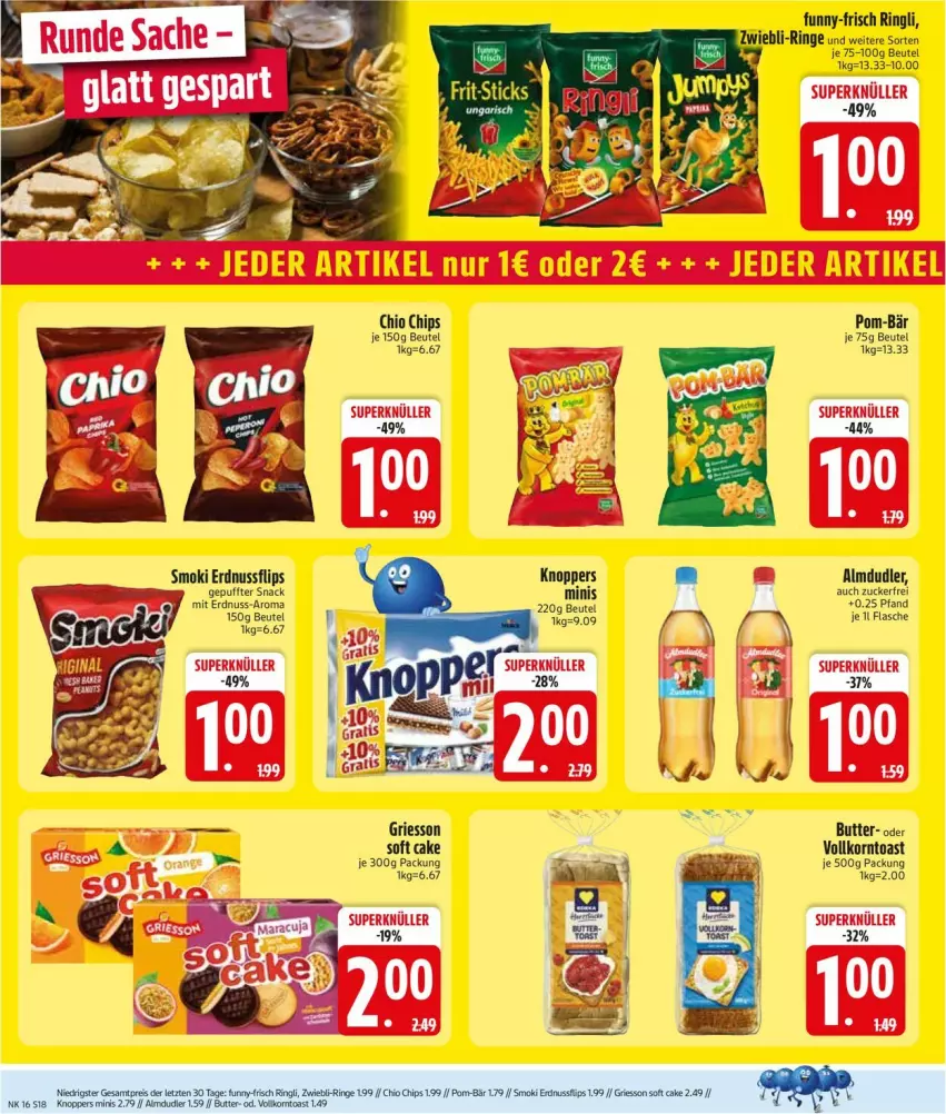 Aktueller Prospekt Edeka - Prospekte - von 13.04 bis 18.04.2026 - strona 20 - produkty: almdudler, beutel, butter, chio chips, chips, eis, erdnuss, flasche, funny-frisch, griesson, knoppers, korn, nuss, pom-bär, reis, ring, snack, toast, ZTE, zucker