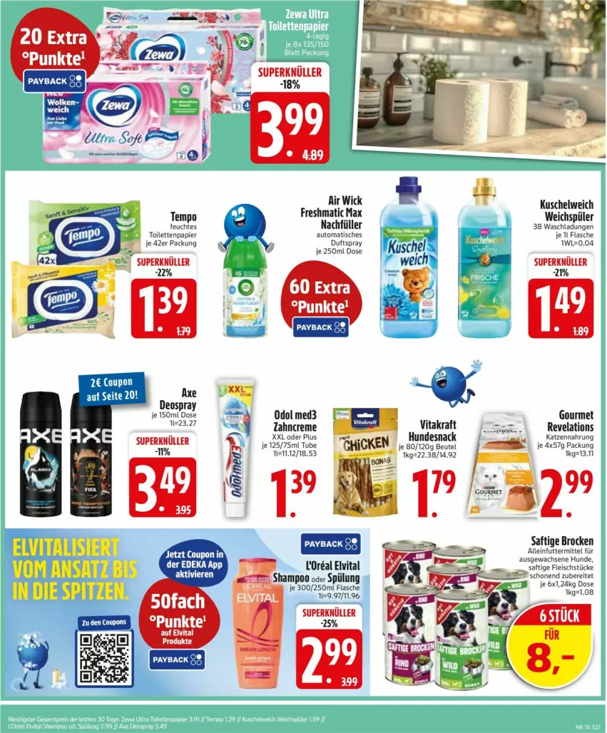 Aktueller Prospekt Edeka - Prospekte - von 13.04 bis 18.04.2026 - strona 23 - produkty: alleinfuttermittel, auto, Brock, coupon, creme, deo, deospray, eis, elvital, flasche, fleisch, kuchen, Kuschelweich, Odol, odol med, odol med3, papier, saft, shampoo, spülung, Tempo, Ti, tisch, toilettenpapier, vita, weichspüler, zahncreme