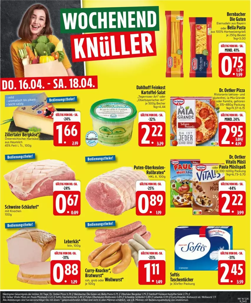 Aktueller Prospekt Edeka - Prospekte - von 13.04 bis 18.04.2026 - strona 26 - produkty: Becher, bernbacher, beutel, braten, bratwurst, curry, Dr. Oetker, eier, eiernudeln, feinkost, hartkäse, hartweizen, Heu, heumilch, kartoffel, Käse, knacker, leberkäs, milch, müsli, nudel, nudeln, pasta, Paula, pizza, pute, ristorante, rollbraten, salat, salz, schwein, schweine, Tasche, taschen, taschentücher, Tegernseer, Ti, tisch, tücher, vita, vitalis, vitalis müsli, wein, weine, wurst