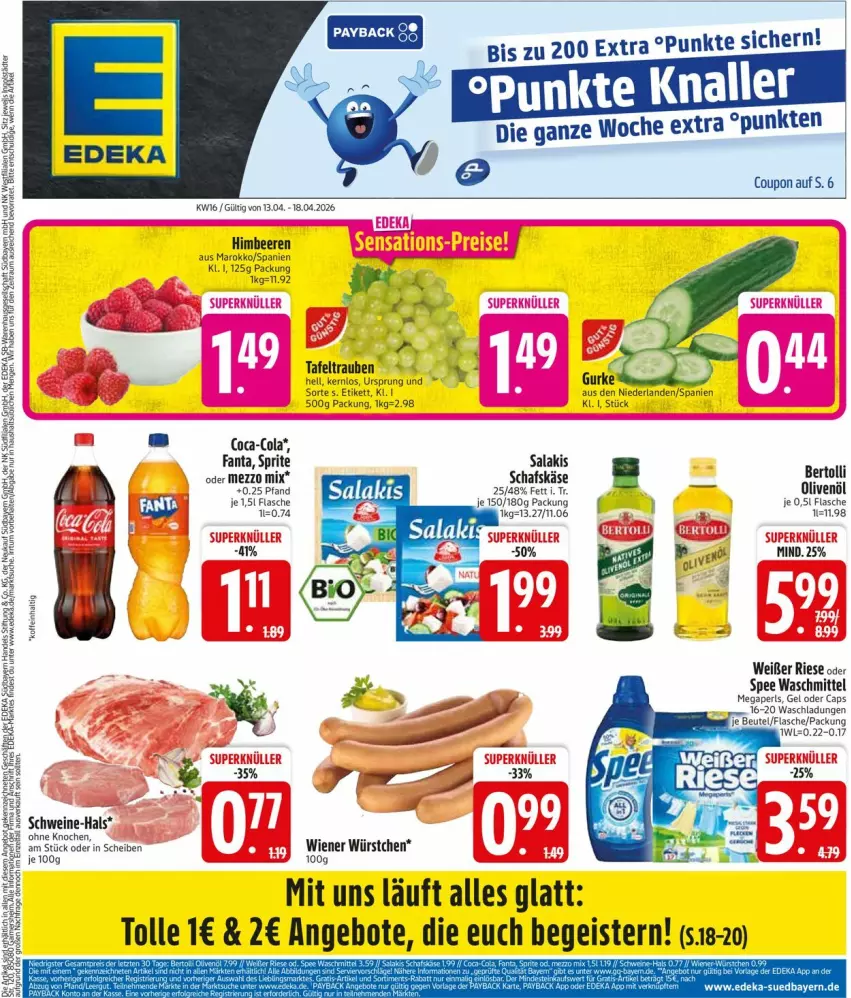 Aktueller Prospekt Edeka - Prospekte - von 13.04 bis 18.04.2026 - strona 3 - produkty: angebot, angebote, beere, beeren, bertolli, Cap, coca-cola, cola, coupon, eis, fanta, flasche, gurke, himbeer, himbeere, himbeeren, Käse, megaperls, Mezzo Mix, olive, oliven, olivenöl, salakis, schafskäse, schwein, schweine, spee, sprite, tafeltrauben, Ti, trauben, waschmittel, wein, weine, wiener, wiener würstchen, würstchen