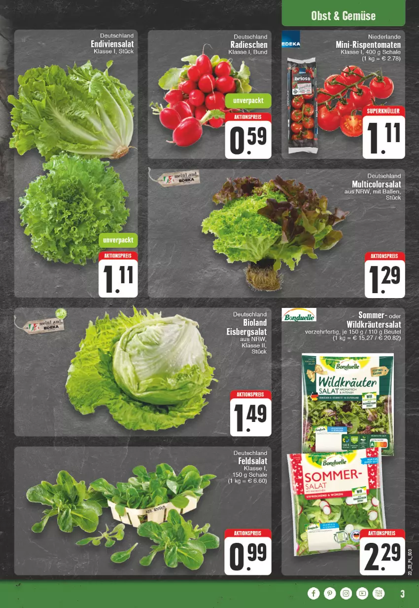 Aktueller Prospekt E Center - Angebote der Woche - von 29.05 bis 03.06.2023 - strona 3 - produkty: ball, beutel, bonduelle, eis, eisbergsalat, elle, feldsalat, kräuter, mini-rispentomaten, obst, radieschen, rispentomaten, salat, Schal, Schale, Ti, tomate, tomaten, Wild