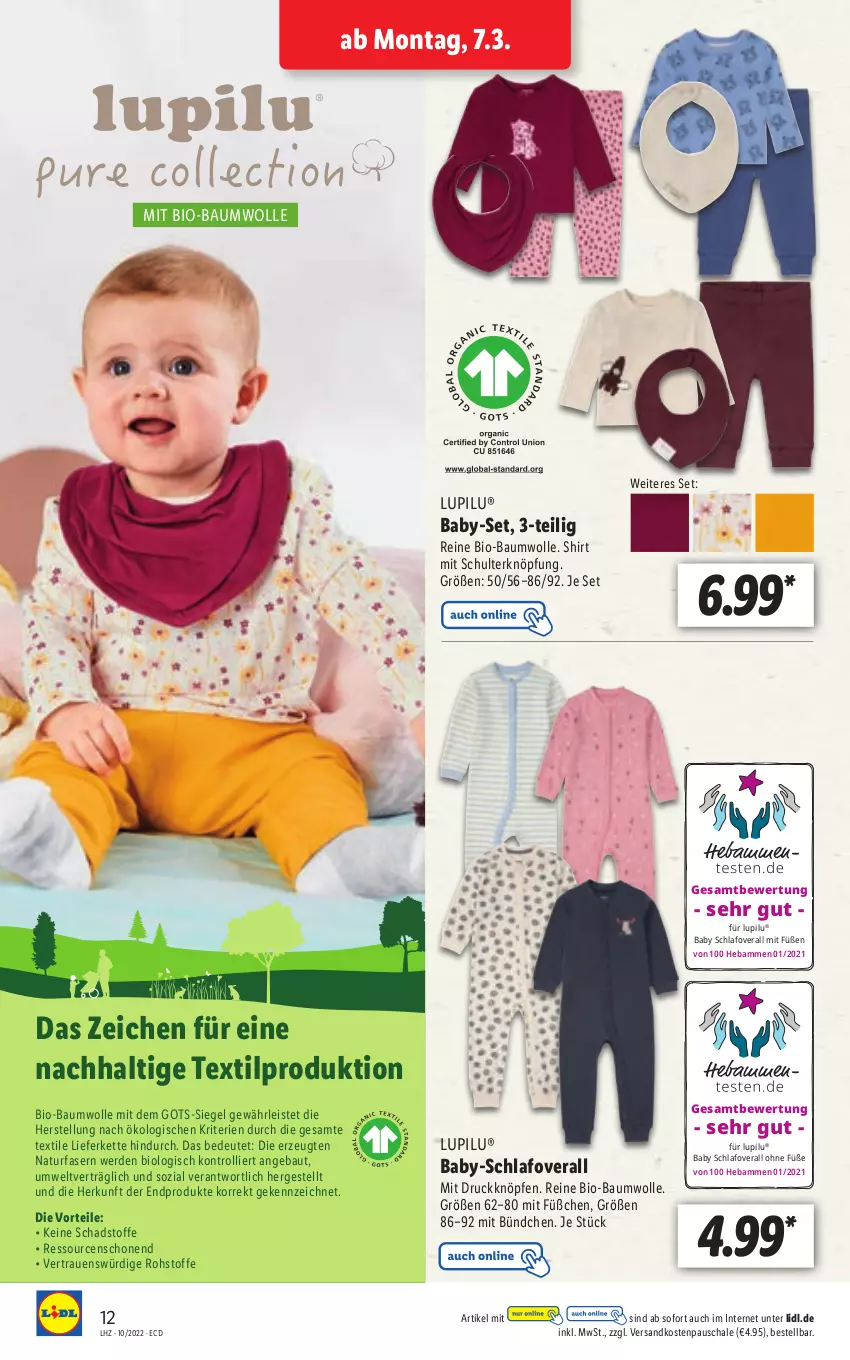 Aktueller Prospekt Lidl - Aktionsprospekt - von 07.03 bis 12.03.2022 - strona 12 - produkty: Bau, baumwolle, bio, bio-baumwolle, eimer, eis, erde, Kette, leimer, lupilu, mit bio-baumwolle, natur, ndk, Overall, Schal, Schale, shirt, Ti, trolli, wolle