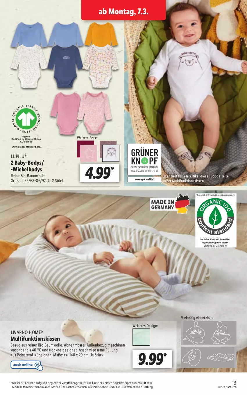 Aktueller Prospekt Lidl - Aktionsprospekt - von 07.03 bis 12.03.2022 - strona 13 - produkty: angebot, Bau, baumwolle, bio, bio-baumwolle, body, dell, eis, elle, Ergee, kissen, lupilu, Mode, reis, Ti, Trockner, WICK, Wickelbody, wolle, ZTE