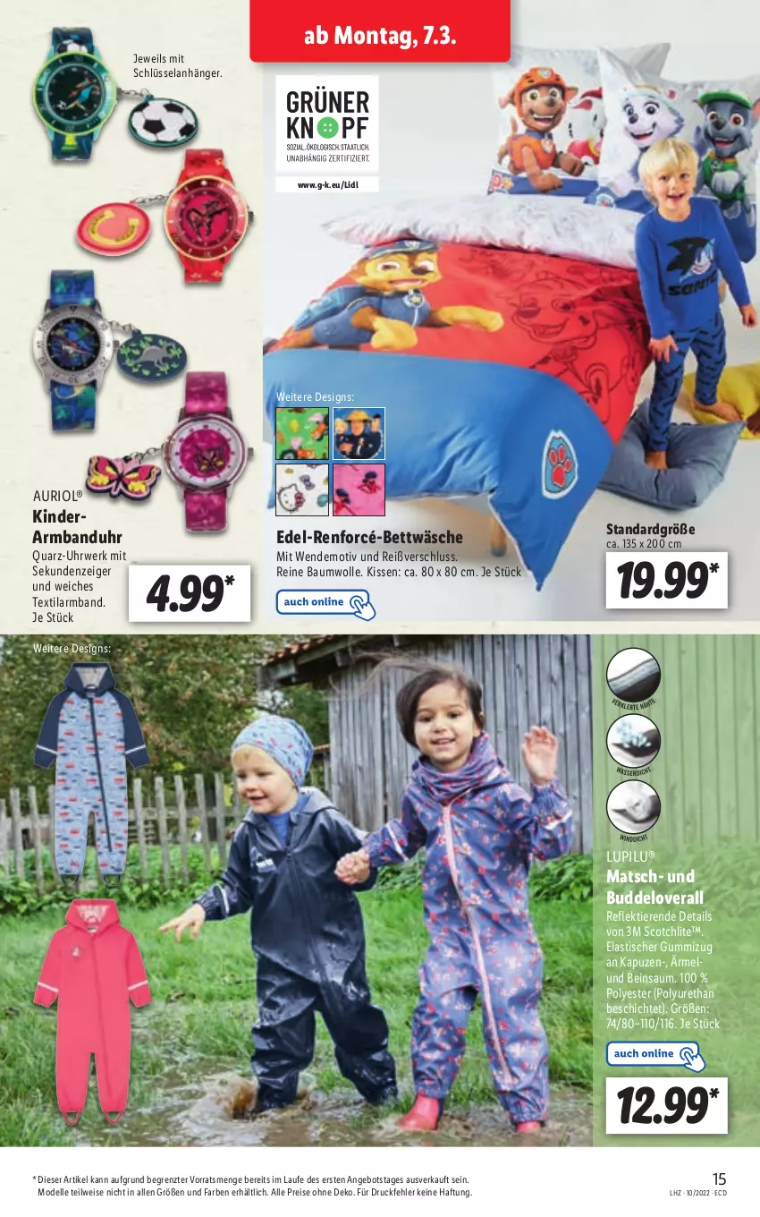 Aktueller Prospekt Lidl - Aktionsprospekt - von 07.03 bis 12.03.2022 - strona 15 - produkty: angebot, Anhänger, Armband, Armbanduhr, asti, Bau, baumwolle, bett, bettwäsche, dell, eis, Elan, elle, Kinder, kissen, lupilu, Mode, Overall, reine baumwolle, reis, renforcé-bettwäsche, rwe, scotch, Ti, Tiere, tisch, uhr, wolle, ZTE