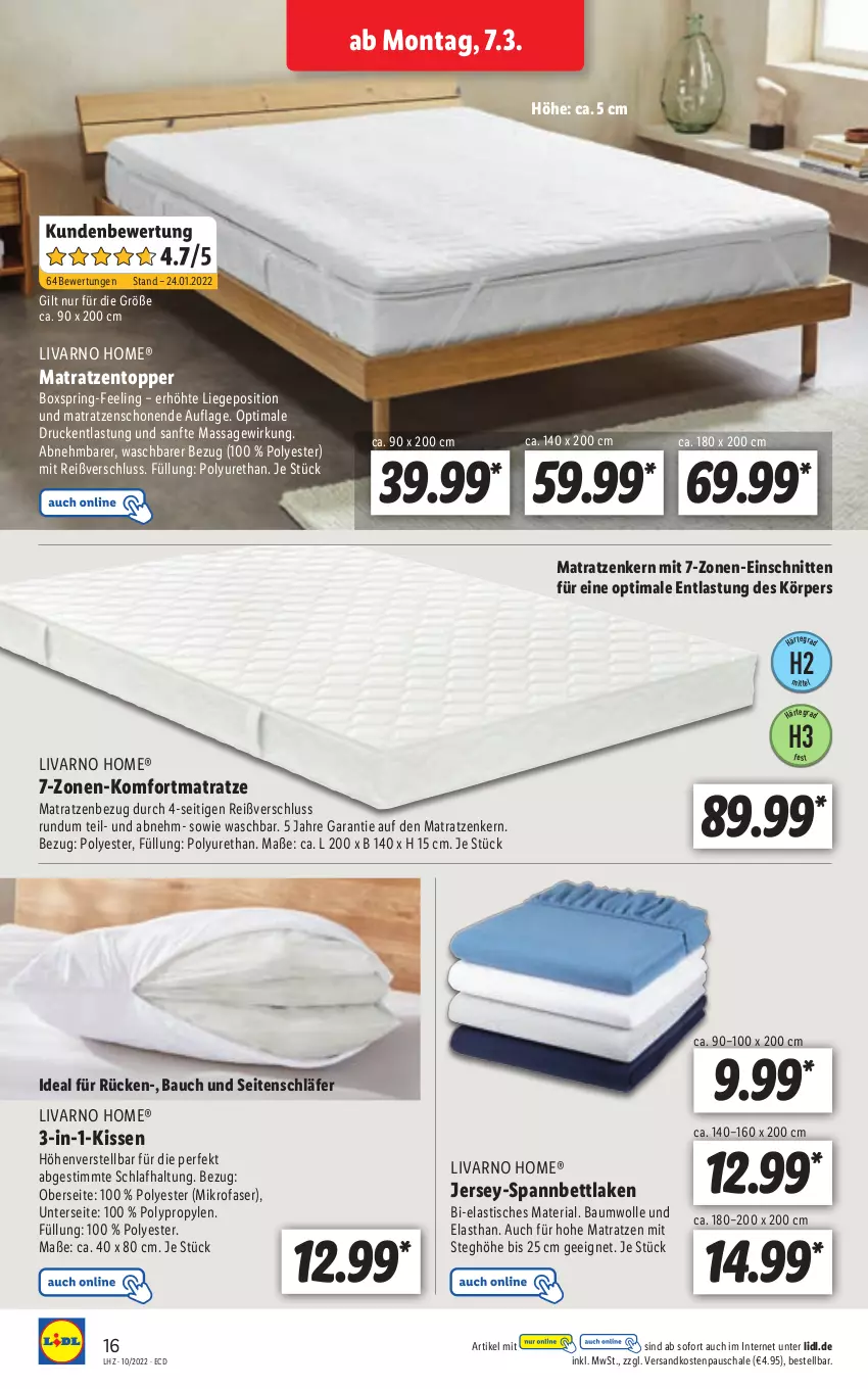 Aktueller Prospekt Lidl - Aktionsprospekt - von 07.03 bis 12.03.2022 - strona 16 - produkty: asti, Bau, baumwolle, bett, kissen, Liege, matratze, matratzen, Matratzentopper, mikrofaser, ndk, Ria, ring, Schal, Schale, schnitten, spannbettlaken, Ti, tisch, topper, und matratze, wolle