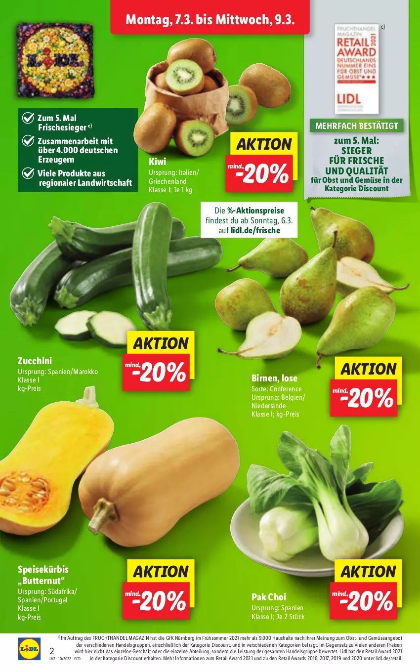 Aktueller Prospekt Lidl - Aktionsprospekt - von 07.03 bis 12.03.2022 - strona 2 - produkty: Abtei, aktionspreis, angebot, Birnen, butter, discount, eis, frucht, kiwi, Kürbis, LG, magazin, obst, Obst und Gemüse, Pak Choi, reis, Ti, und gemüse, zucchini