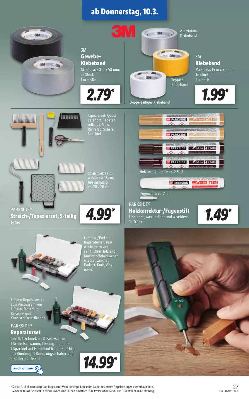 Aktueller Prospekt Lidl - Aktionsprospekt - von 07.03 bis 12.03.2022 - strona 27 - produkty: angebot, batterie, batterien, Beba, dell, eis, elle, Fugenstift, Holz, laminat, Mode, Parkside, Reinigung, reis, Roller, Schere, schwamm, spachtel, Tapete, Tapeten, teppich, Ti, tuc, usb, wasser, ZTE