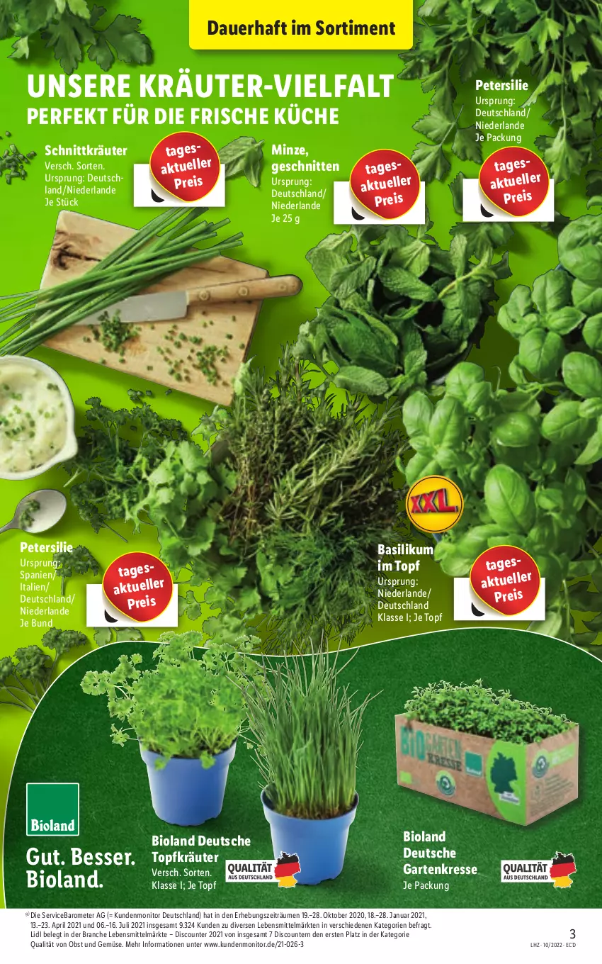 Aktueller Prospekt Lidl - Aktionsprospekt - von 07.03 bis 12.03.2022 - strona 3 - produkty: auer, basilikum, bio, bioland, discount, eis, elle, Garten, Gartenkresse, kräuter, küche, lebensmittel, minze, monitor, obst, Obst und Gemüse, petersilie, pril, reis, schnitten, Ti, topf, Topfkräuter, und gemüse