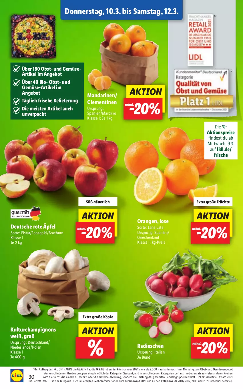 Aktueller Prospekt Lidl - Aktionsprospekt - von 07.03 bis 12.03.2022 - strona 30 - produkty: Abtei, aktionspreis, angebot, bio, champignon, champignons, clementinen, discount, eis, frucht, früchte, magazin, mandarine, mandarinen, obst, orange, orangen, radieschen, reis, Ti, und gemüse