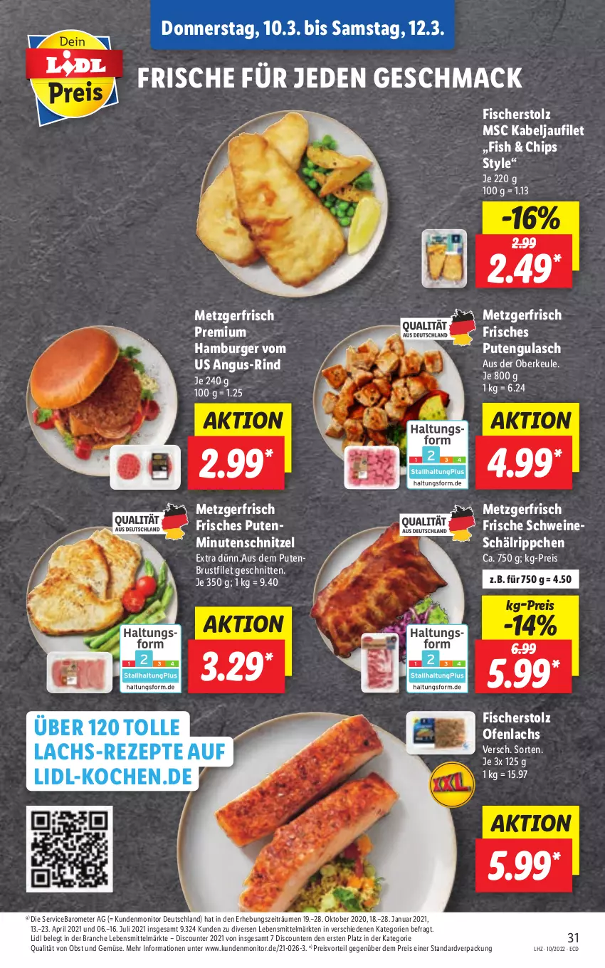 Aktueller Prospekt Lidl - Aktionsprospekt - von 07.03 bis 12.03.2022 - strona 31 - produkty: brustfilet, burger, chips, discount, eis, filet, fisch, fische, Fischer, gulasch, hamburger, kabeljaufilet, lachs, lebensmittel, mac, minutenschnitzel, monitor, obst, Obst und Gemüse, Ofen, preisvorteil, pril, pute, putenbrust, putenbrustfilet, reis, rezept, rezepte, rind, schnitten, schnitzel, schwein, schweine, Ti, und gemüse, wein, weine