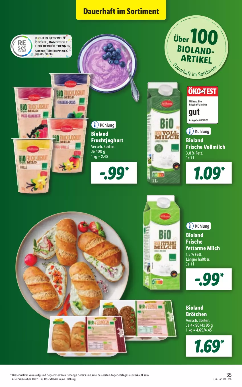 Aktueller Prospekt Lidl - Aktionsprospekt - von 07.03 bis 12.03.2022 - strona 35 - produkty: angebot, asti, auer, Becher, bio, bioland, Bona, brötchen, decke, Deckel, eis, frucht, fruchtjoghurt, joghur, joghurt, Milbona, milch, reis, Ti, vollmilch, ZTE