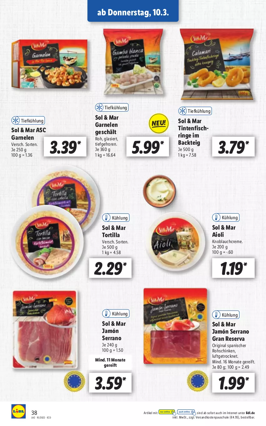 Aktueller Prospekt Lidl - Aktionsprospekt - von 07.03 bis 12.03.2022 - strona 38 - produkty: aioli, creme, fisch, garnelen, gin, jamón serrano, knoblauch, Knoblauchcreme, ndk, ring, rohschinken, Schal, Schale, schinken, serrano, Ti, Tintenfischringe, tortilla