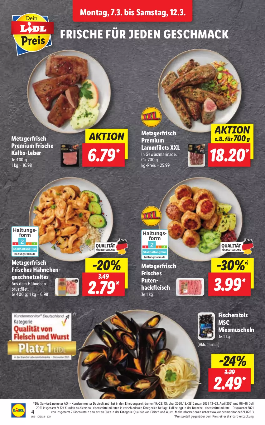 Aktueller Prospekt Lidl - Aktionsprospekt - von 07.03 bis 12.03.2022 - strona 4 - produkty: brustfilet, discount, eis, filet, filets, fisch, fische, Fischer, fleisch, geschnetzeltes, gewürz, hackfleisch, Hähnchengeschnetzeltes, lamm, Lammfilets, lebensmittel, mac, marinade, monitor, Muscheln, preisvorteil, pril, pute, Putenhackfleisch, reis, Ti, wurst, Zelt