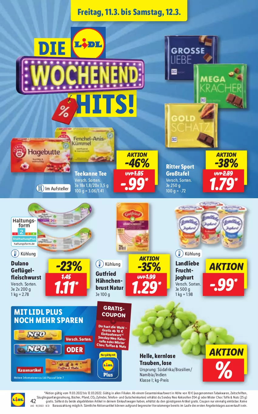 Aktueller Prospekt Lidl - Aktionsprospekt - von 07.03 bis 12.03.2022 - strona 42 - produkty: angebot, coupon, dulano, eis, elle, fleisch, fleischwurst, frucht, Geflügel, gutfried, gutschein, hähnchenbrust, joghur, joghurt, keks, landliebe, natur, reis, ritter, ritter sport, Sondey, Sport, tee, teekanne, telefon, teller, Ti, trauben, wurst, ZTE