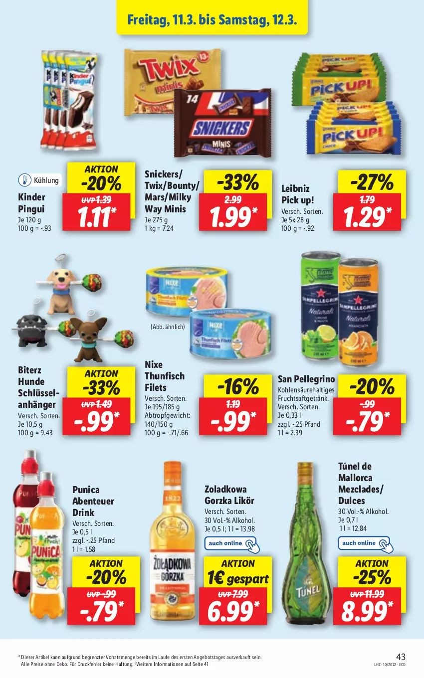 Aktueller Prospekt Lidl - Aktionsprospekt - von 07.03 bis 12.03.2022 - strona 43 - produkty: alkohol, angebot, Anhänger, bounty, drink, eis, Elan, elle, ente, filet, filets, fisch, frucht, fruchtsaft, fruchtsaftgetränk, getränk, Kinder, kinder pingui, leibniz, likör, mars, milky way, Pick Up!, pingui, punica, reis, saft, san pellegrino, snickers, thunfisch, thunfisch filets, Ti, twix, ZTE