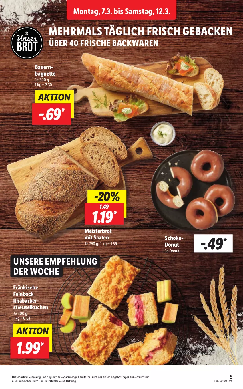 Aktueller Prospekt Lidl - Aktionsprospekt - von 07.03 bis 12.03.2022 - strona 5 - produkty: angebot, auer, backwaren, baguette, Bau, Bauer, brot, Donut, eis, frische backwaren, geback, kuchen, Meister, reis, rhabarber, schoko, Streuselkuchen, Ti, ZTE