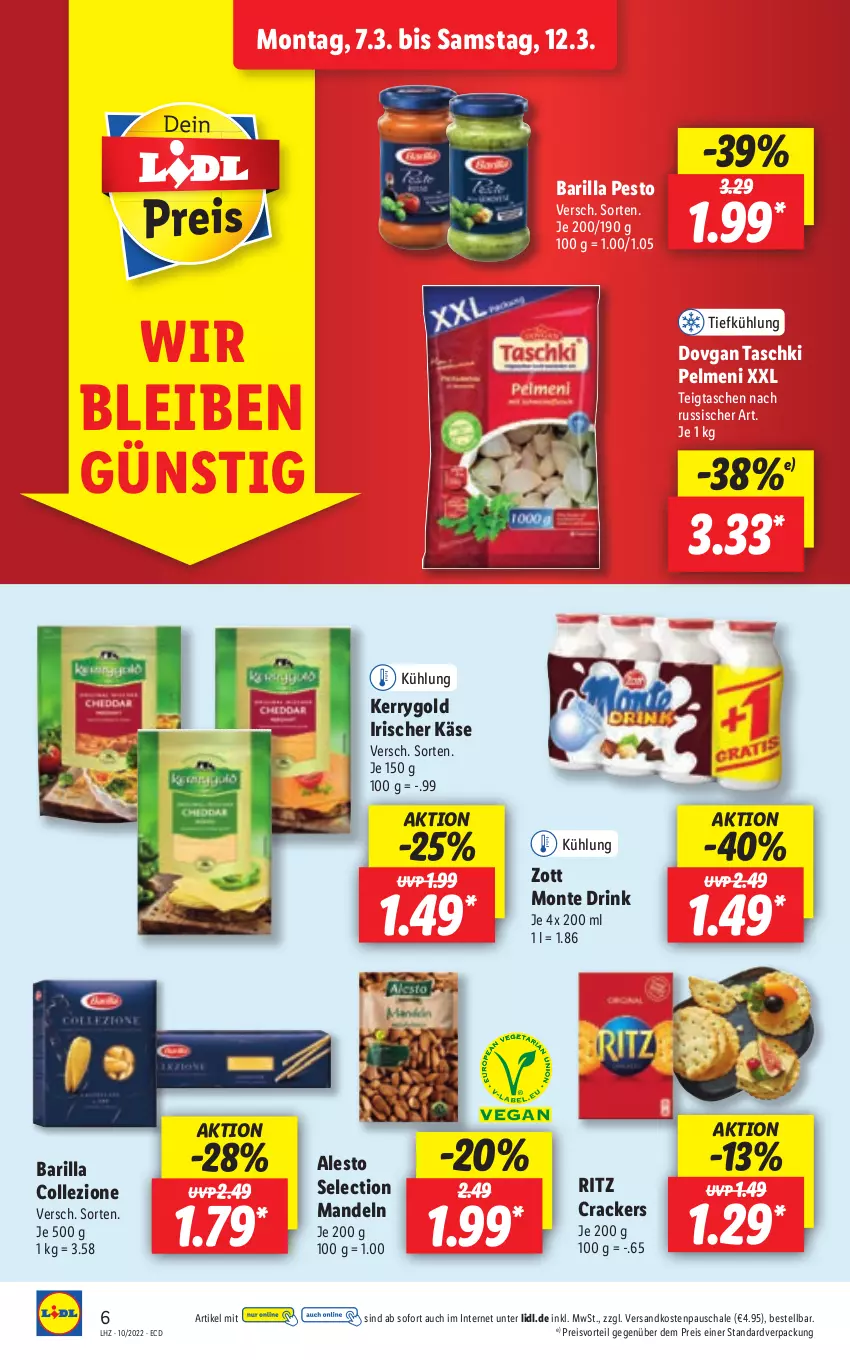 Aktueller Prospekt Lidl - Aktionsprospekt - von 07.03 bis 12.03.2022 - strona 6 - produkty: alesto, barilla, cracker, dovgan, drink, eis, Käse, kerrygold, mandel, mandeln, monte, ndk, pelmeni, pesto, preisvorteil, reis, Schal, Schale, Tasche, taschen, taschki, Ti, zott, Zott Monte