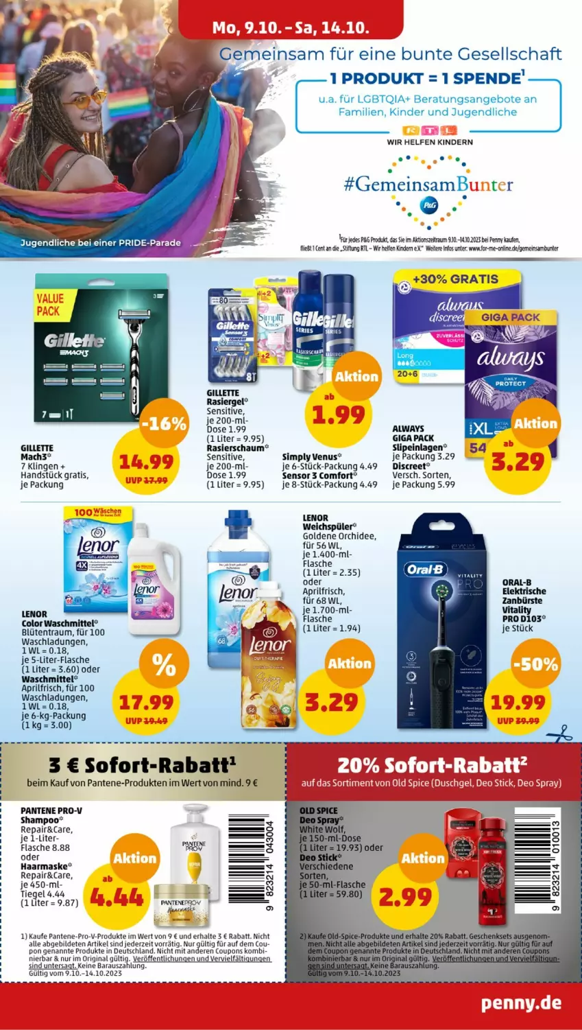 Aktueller Prospekt Penny - Prospekte - von 09.10 bis 14.10.2023 - strona 11 - produkty: Alwa, Always, angebot, angebote, Blüte, bürste, coupon, coupons, Discreet, flasche, gillette, gin, Kinder, lenor, lenor weichspüler, LG, mac, mach3, Maske, oral-b, orchidee, pantene, pantene pro-v, pril, pro-v, Rasierschaum, shampoo, sim, slip, slipeinlagen, sofort-rabatt, Ti, venus, vita, vitality, waschmittel, weichspüler