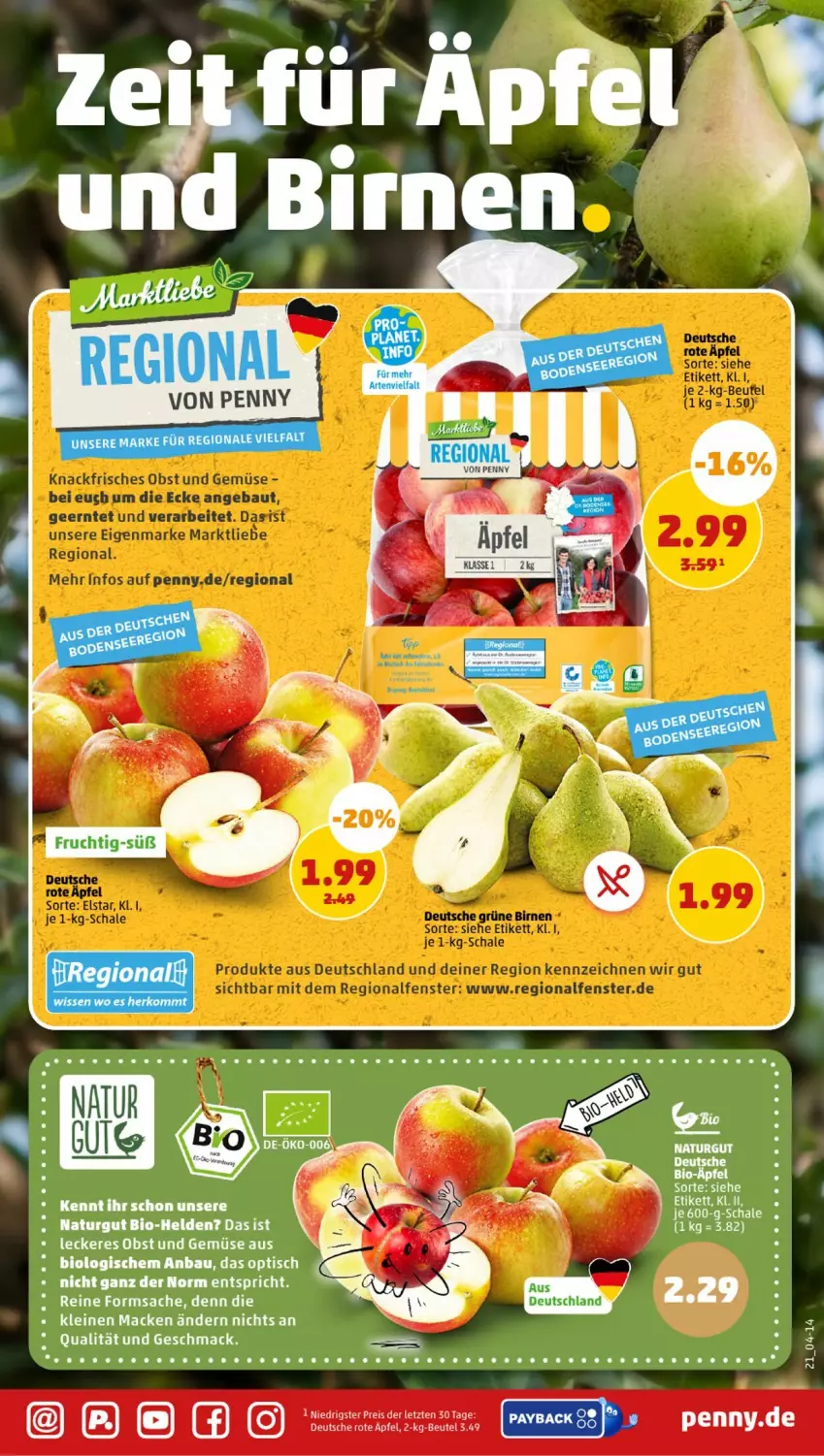 Aktueller Prospekt Penny - Prospekte - von 09.10 bis 14.10.2023 - strona 21 - produkty: apfel, Bau, beutel, bio, Birnen, eis, frucht, leine, mac, natur, obst, Obst und Gemüse, reis, sac, Schal, Schale, Ti, tisch, und gemüse, ZTE