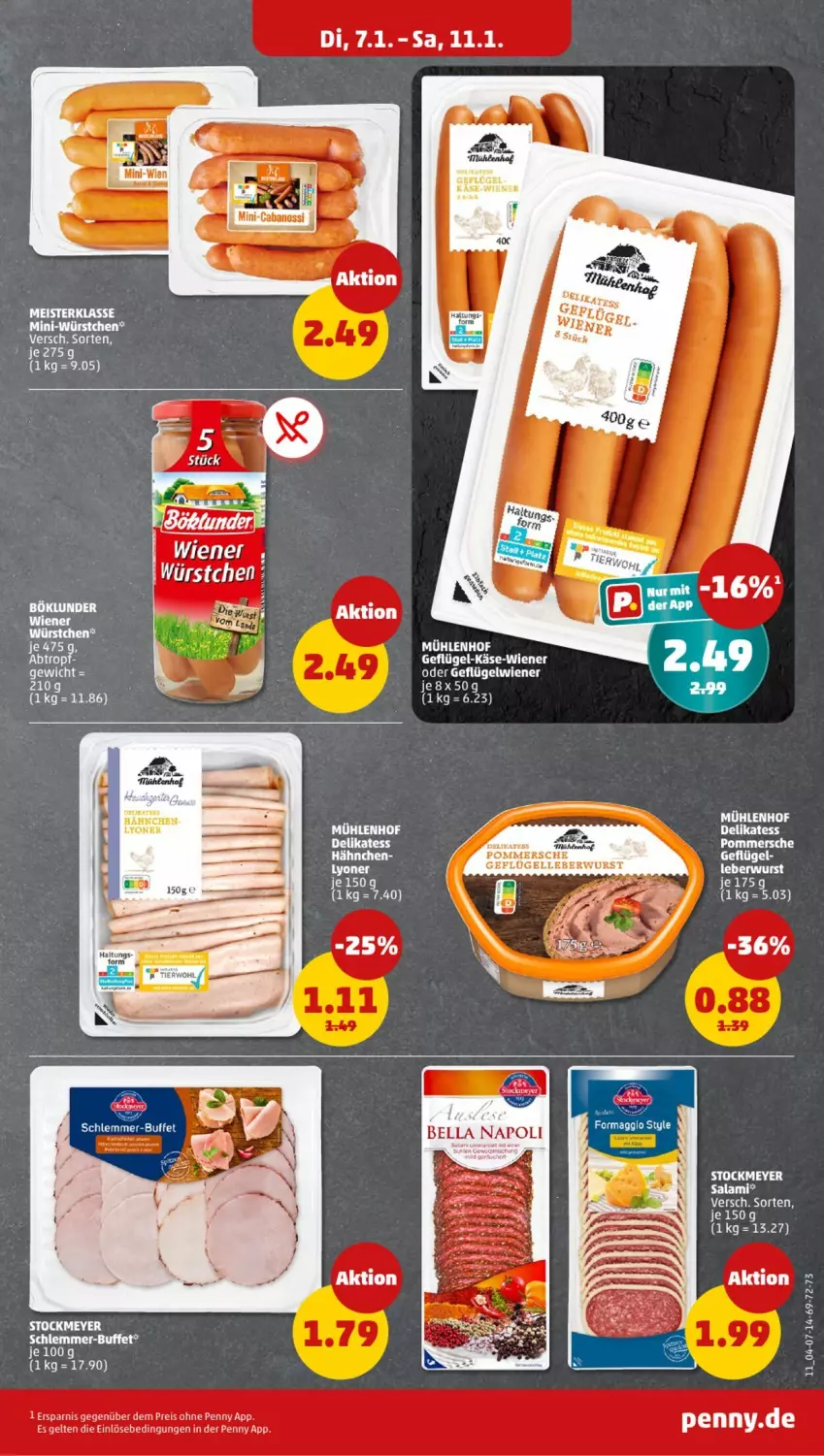 Aktueller Prospekt Penny - Prospekte - von 06.01 bis 11.01.2025 - strona 11 - produkty: böklunder, eis, elle, Geflügel, Käse, leberwurst, lyoner, Mini-Würstchen, Pommersche, reis, salami, stockmeyer, Ti, wiener, wurst, würstchen, Yo