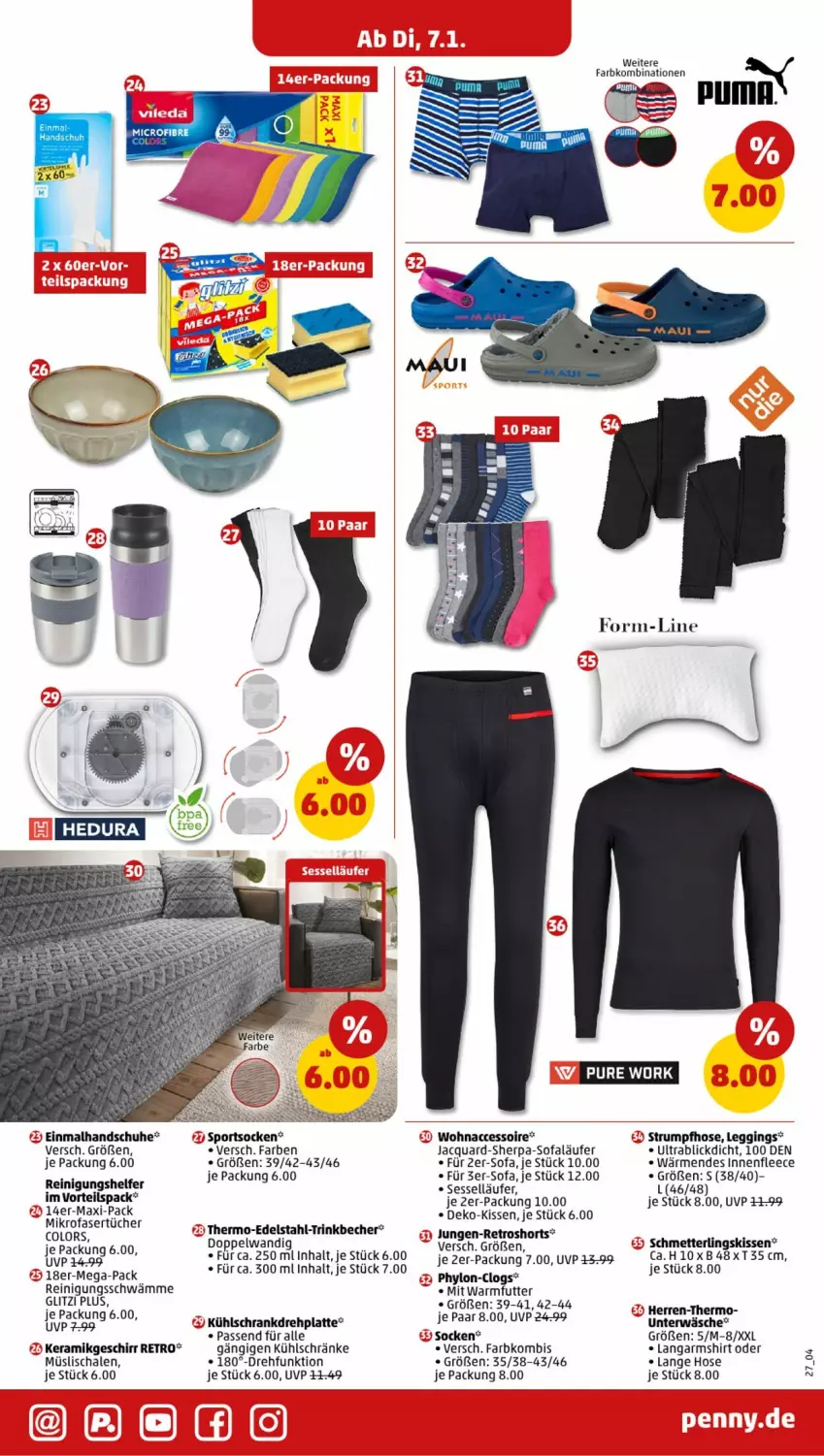 Aktueller Prospekt Penny - Prospekte - von 06.01 bis 11.01.2025 - strona 27 - produkty: ACC, Becher, Clogs, edelstahl, geschirr, gin, handschuhe, hose, HP, Hylo, kissen, kühlschrank, Langarmshirt, latte, Läufer, leggings, Mett, mikrofaser, Mikrofasertücher, müsli, Müslischale, passend für alle, Reinigung, retroshorts, rum, Schal, Schale, Schmetterling, Schrank, schuhe, sessel, shirt, shorts, socken, Sofa, Sport, sportsocken, Strumpfhose, Ti, trinkbecher, tücher, Unterwäsche