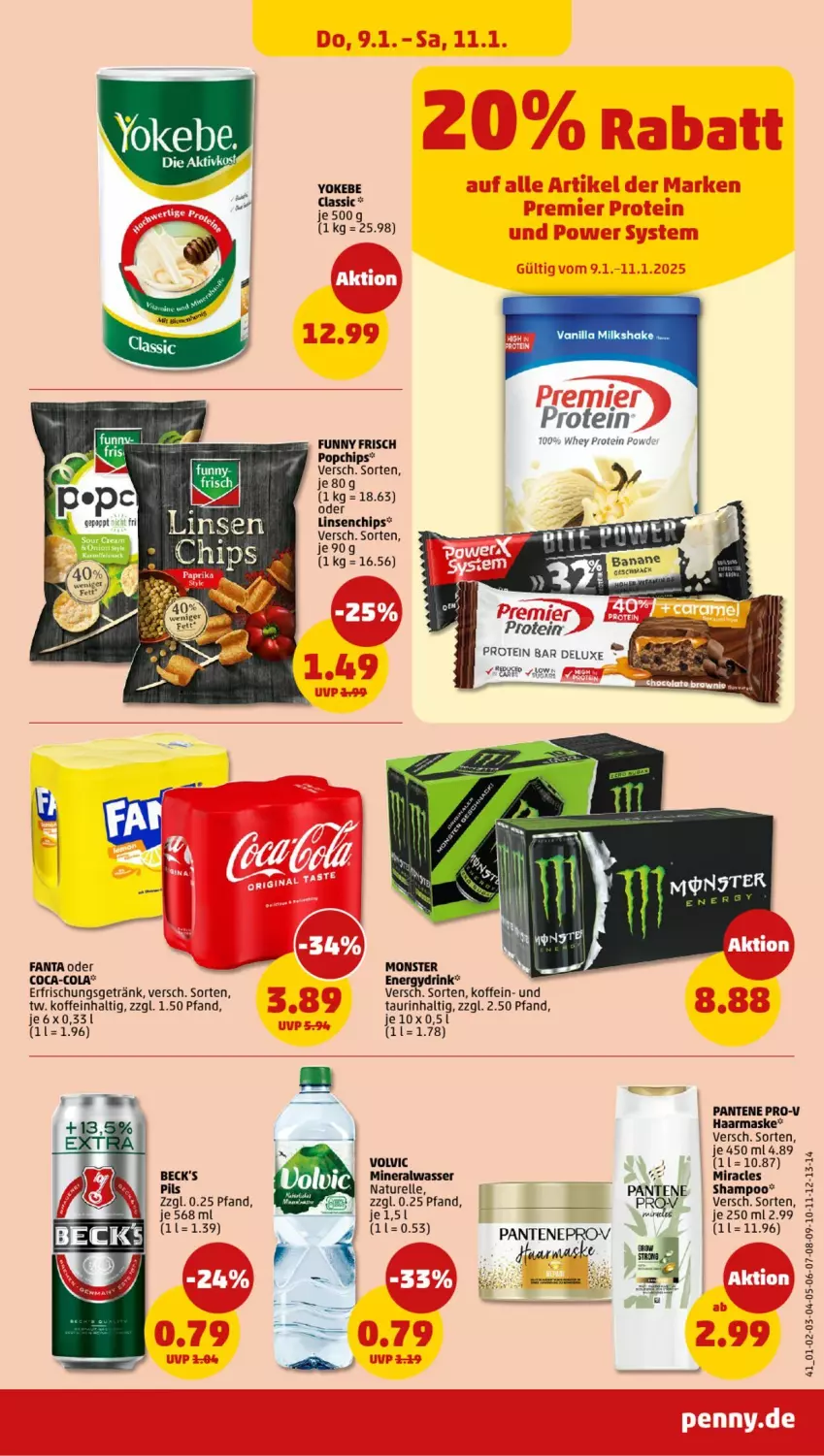 Aktueller Prospekt Penny - Prospekte - von 06.01 bis 11.01.2025 - strona 41 - produkty: Alwa, banane, beck's, chips, coca-cola, cola, elle, erfrischungsgetränk, fanta, fanta oder, Funny Frisch, getränk, linsen, Maske, mineralwasser, monster, natur, pantene, pantene pro-v, pils, pro-v, rel, shampoo, Ti, volvic, wasser, Yo, Yokebe