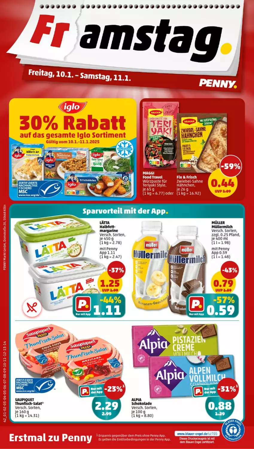 Aktueller Prospekt Penny - Prospekte - von 06.01 bis 11.01.2025 - strona 42 - produkty: alpia, fisch, lätta, margarine, milch, Müller, müllermilch, salat, saupiquet, schoko, schokolade, thunfisch, Ti