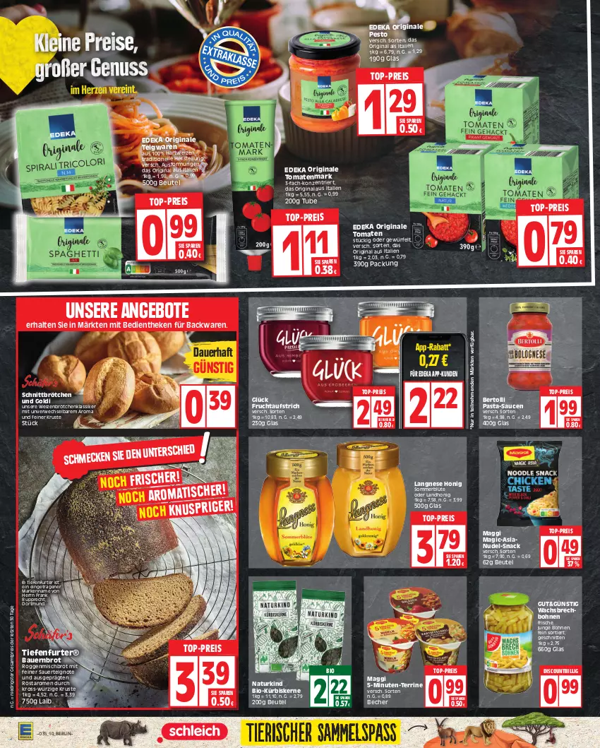 Aktueller Prospekt Edeka - Angebote der Woche - von 28.08 bis 02.09.2023 - strona 10 - produkty: angebot, angebote, auer, aufstrich, backwaren, Bau, Bauer, Becher, bertolli, beutel, bio, Blüte, bohne, bohnen, brot, brötchen, deka, discount, eis, elle, frucht, gin, hartweizen, honig, Kürbis, kürbiskerne, langnese, maggi, natur, nudel, pasta, pasta-sauce, pesto, reis, rwe, sauce, saucen, schnitten, snack, teigwaren, terrine, Ti, tomate, tomaten, tomatenmark, top-preis, weizenbrötchen, würfel, ZTE