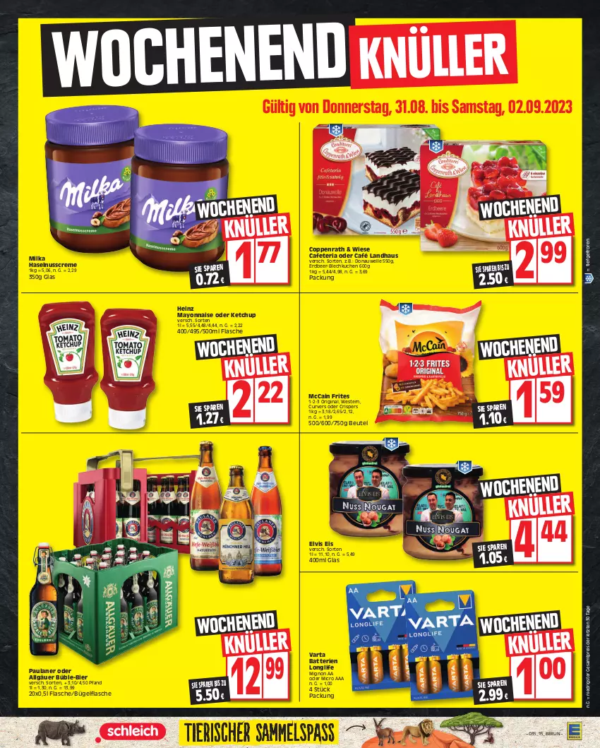 Aktueller Prospekt Edeka - Angebote der Woche - von 28.08 bis 02.09.2023 - strona 15 - produkty: batterie, batterien, beutel, bier, bügel, bügelflasche, Café Landhaus, coppenrath, creme, eis, elle, flasche, gin, haselnuss, Haselnusscreme, heinz, ketchup, kuchen, LG, longlife, mayonnaise, mccain, milka, nuss, Paula, paulaner, reis, Ria, Ti, varta, Weste, Yo, ZTE