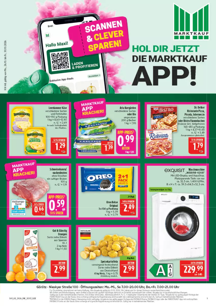 Aktueller Prospekt Marktkauf - Prospekt - von 25.10 bis 31.10.2026 - strona 1 - produkty: aqua, aquastop, arla, Becher, bio, braten, cola, deka, Dr. Oetker, eis, elsässer art, flammkuchen, gin, intermezzo, kartoffel, kartoffeln, Käse, keks, kekse, kuchen, lamm, leerdammer, orange, orangen, oreo, payback, pizza, ristorante, ristorante pizza, saft, salz, schwein, schweine, speisekartoffeln, Ti, uhr, waschmaschine, wein, weine