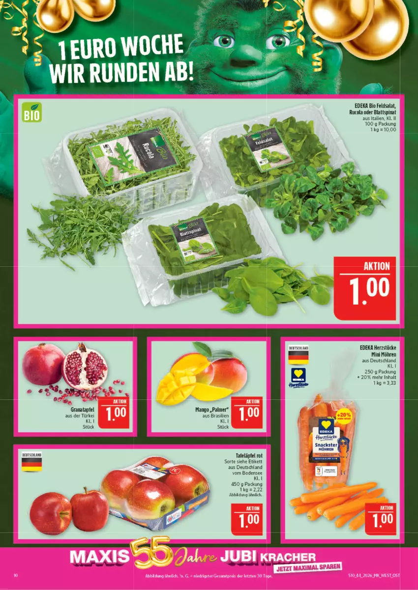 Aktueller Prospekt Marktkauf - Prospekt - von 25.10 bis 31.10.2026 - strona 10 - produkty: apfel, bio, blattspinat, cola, deka, edeka bio, grana, granatapfel, mango, möhren, Rana, rucola, salat, snack, snacks, spinat, tafeläpfel, Ti