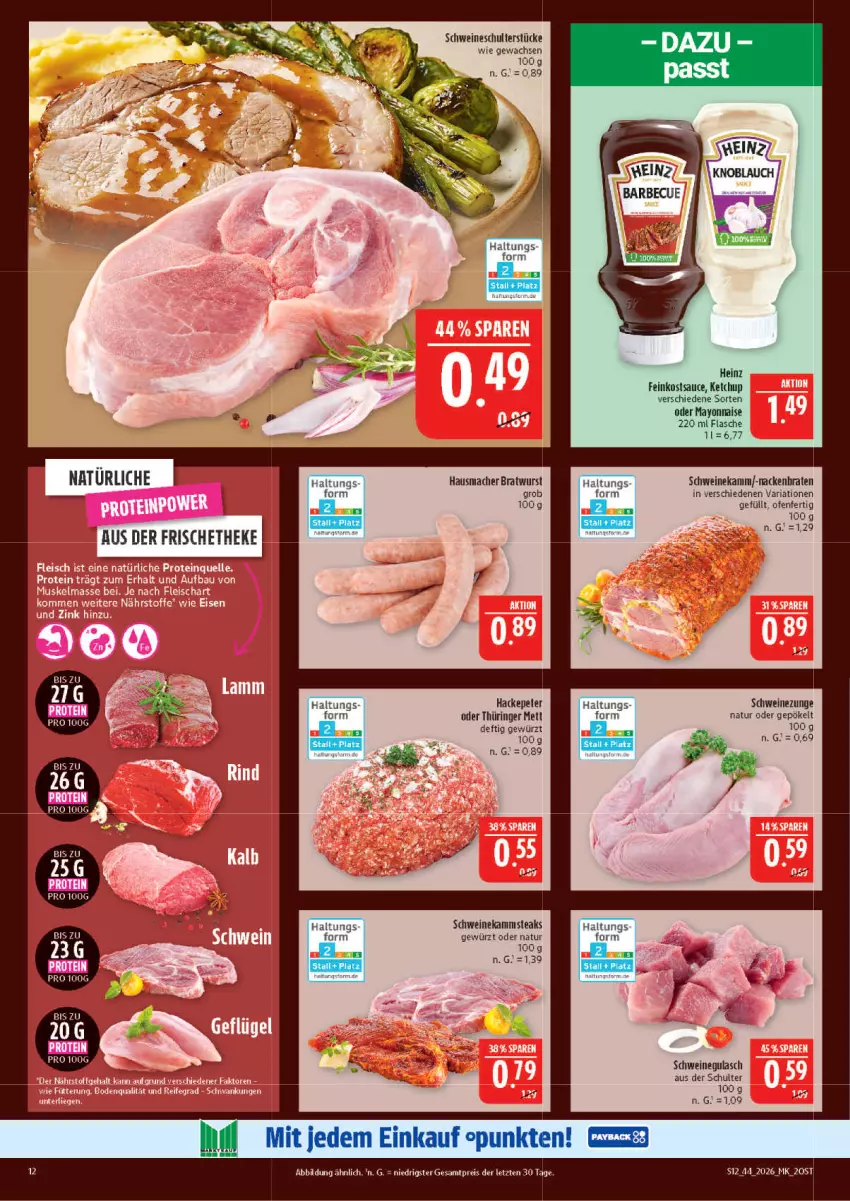 Aktueller Prospekt Marktkauf - Prospekt - von 25.10 bis 31.10.2026 - strona 12 - produkty: barbecue, braten, bratwurst, eis, feinkost, flasche, gewürz, gulasch, Hausmacher, heinz, ketchup, mac, mayonnaise, Mett, natur, Ofen, reis, Ria, ring, sauce, schwein, schweine, schweinegulasch, Schweinezunge, steak, steaks, Ti, wein, weine, wurst, Yo, ZTE