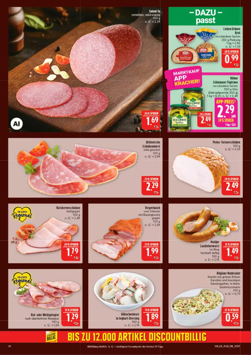 Aktueller Prospekt Marktkauf - Prospekt - von 25.10 bis 31.10.2026 - strona 14 - produkty: bacon, brot, dressing, eis, erbsen, farmerschinken, gewürz, Gewürzgurke, gewürzgurken, gurke, gurken, joghur, joghurt, karotten, korn, Kühne, landleberwurst, leberwurst, LG, lieken, mayonnaise, nudel, nudeln, nudelsalat, pute, reis, rezept, ring, salat, schinken, schinkenwurst, schwein, Ti, Töpfchen, urkorn, wein, wurst, Yo, ZTE