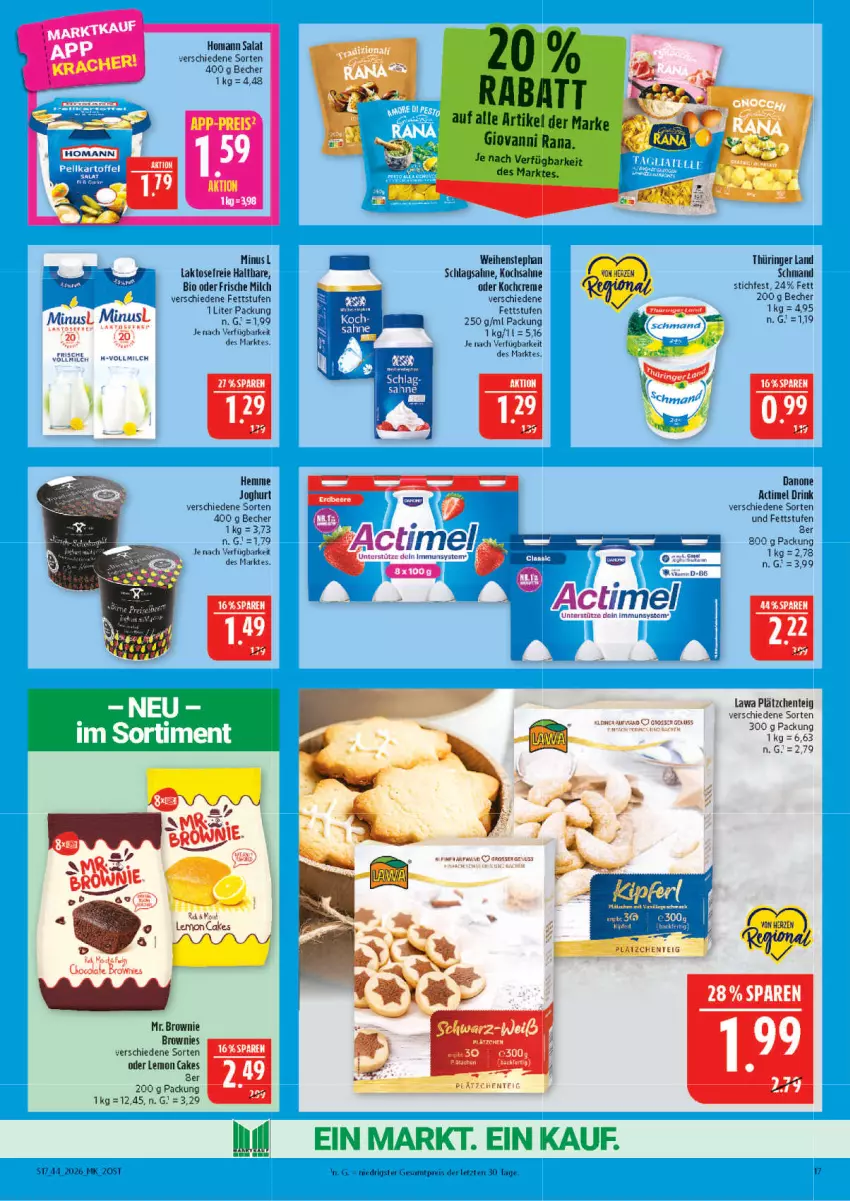 Aktueller Prospekt Marktkauf - Prospekt - von 25.10 bis 31.10.2026 - strona 17 - produkty: actimel, actimel drink, ball, Becher, bio, brownie, brownies, cola, danone, danone actimel drink, drink, eis, ente, frische milch, giovanni rana, homann, joghur, joghurt, Kocher, Lätzche, milch, Mochi, Rana, reis, ring, sahne, salat, schlagsahne, schmand, Ti, vollmilch, weihenstephan, ZTE