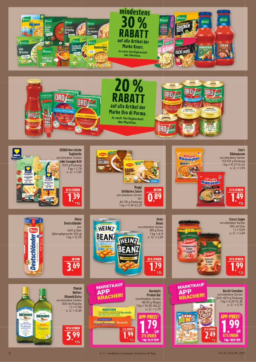 Aktueller Prospekt Marktkauf - Prospekt - von 25.10 bis 31.10.2026 - strona 22 - produkty: Bau, beanz, cerealien, deka, delikatess sauce, elle, erasco, flasche, heinz, lasagne, maggi, monin, olive, oliven, olivenöl, olivenöl extra, riegel, sauce, suppe, Surf, tagliatelle, Ti