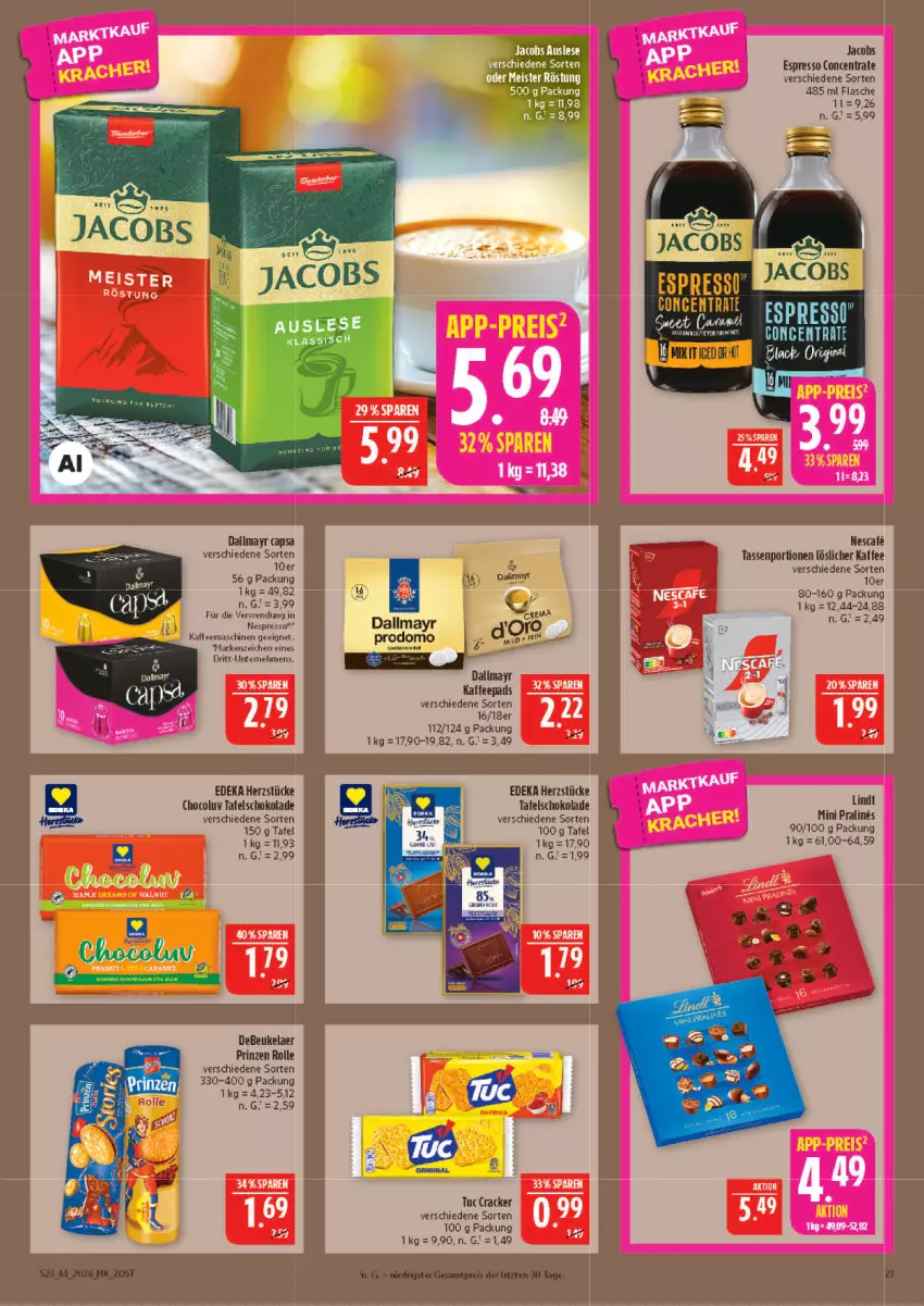 Aktueller Prospekt Marktkauf - Prospekt - von 25.10 bis 31.10.2026 - strona 23 - produkty: Cap, dallmayr, dallmayr capsa, debeukelaer, deka, espresso, flasche, gin, jacobs, kaffee, kaffeemaschine, lack, lindt, löslicher kaffee, mac, nescafe, nespresso, prinzen rolle, rwe, schoko, schokolade, tafelschokolade, tasse, Ti