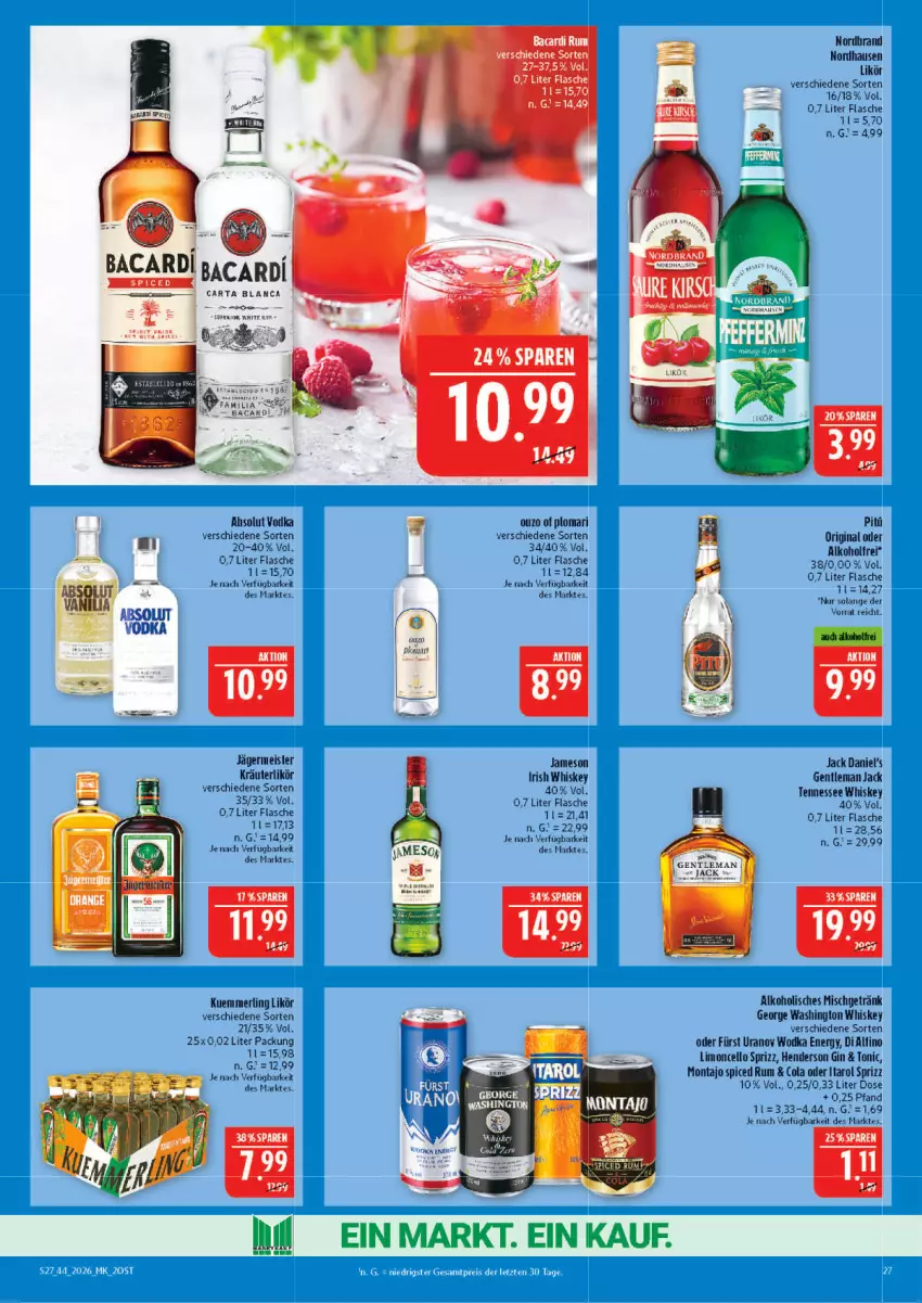 Aktueller Prospekt Marktkauf - Prospekt - von 25.10 bis 31.10.2026 - strona 27 - produkty: Absolut Vodka, alkohol, bacardi, cola, eis, elle, enders, flasche, Germ, getränk, gin, irish whiskey, jack daniel, jack daniel's, jägermeister, jameson, kräuter, kräuterlikör, kuemmerling, likör, limo, Meister, merl, nordbrand, ouzo, rum, Sprizz, tennessee whiskey, tonic, vodka, whiskey, wodka