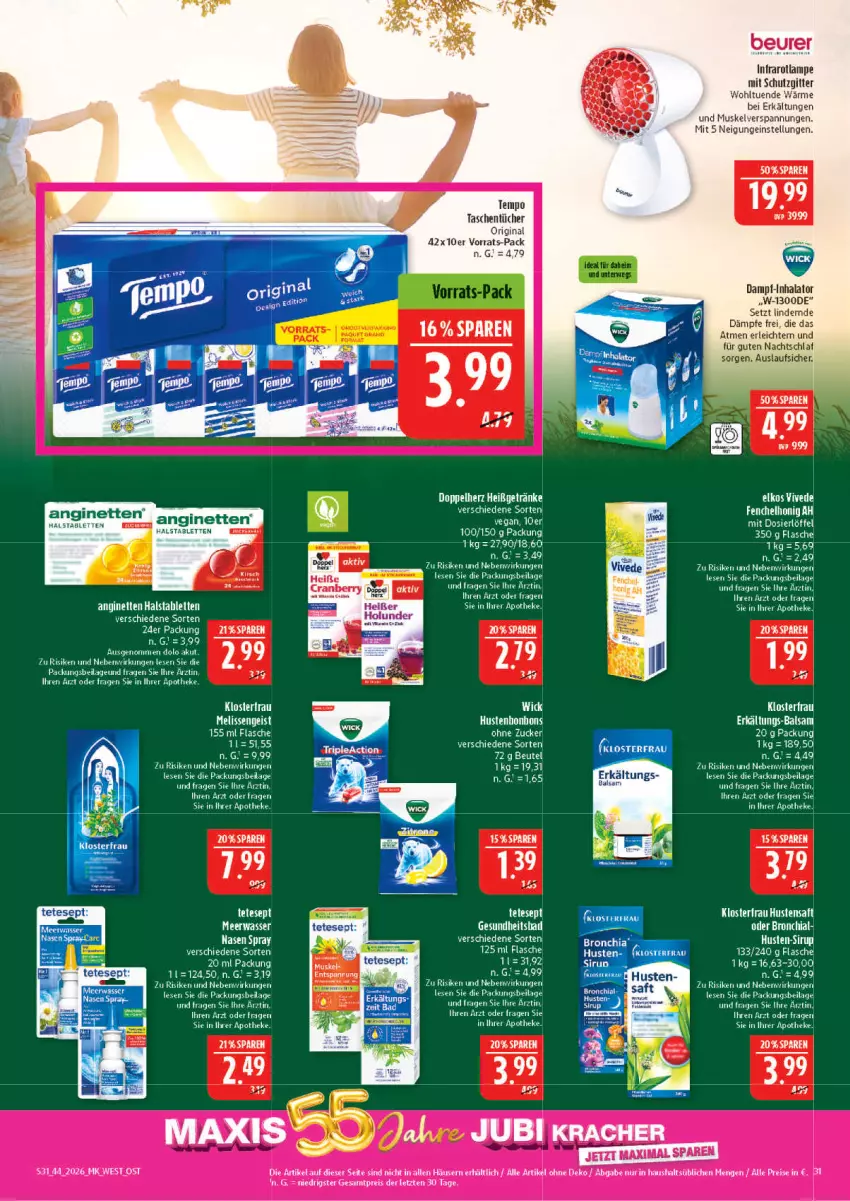 Aktueller Prospekt Marktkauf - Prospekt - von 25.10 bis 31.10.2026 - strona 31 - produkty: Apotheke, balsam, beurer, bonbons, chia, eier, eis, elkos, elle, ente, Erkältungs, flasche, gin, Hustenbonbons, ilag, Infrarotlampe, kracher, Lampe, LG, Meerwasser, reis, rel, sirup, tablet, tablett, Tablette, Tasche, taschen, taschentücher, tee, Tempo, Ti, tücher, wasser